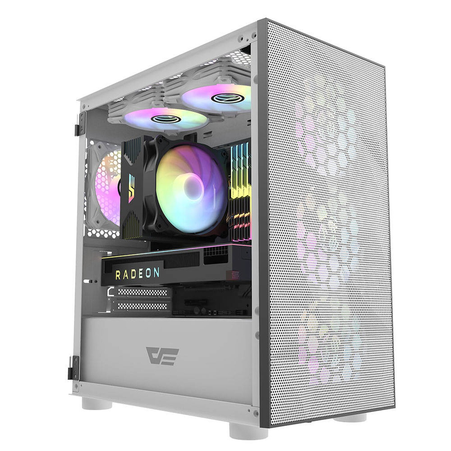 Weißes PC-Gehäuse mit Komponenten im Inneren. Enthält Lüfter, CPU-Kühler und Grafikkarte.