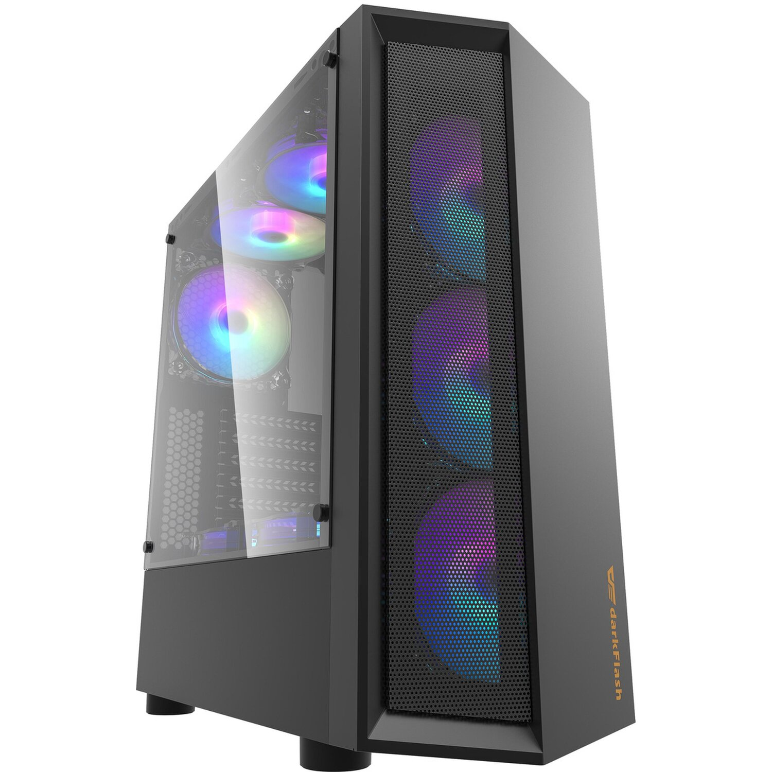 Ein schwarzes Computergehäuse mit Glasscheibe und bunten Lüftern.