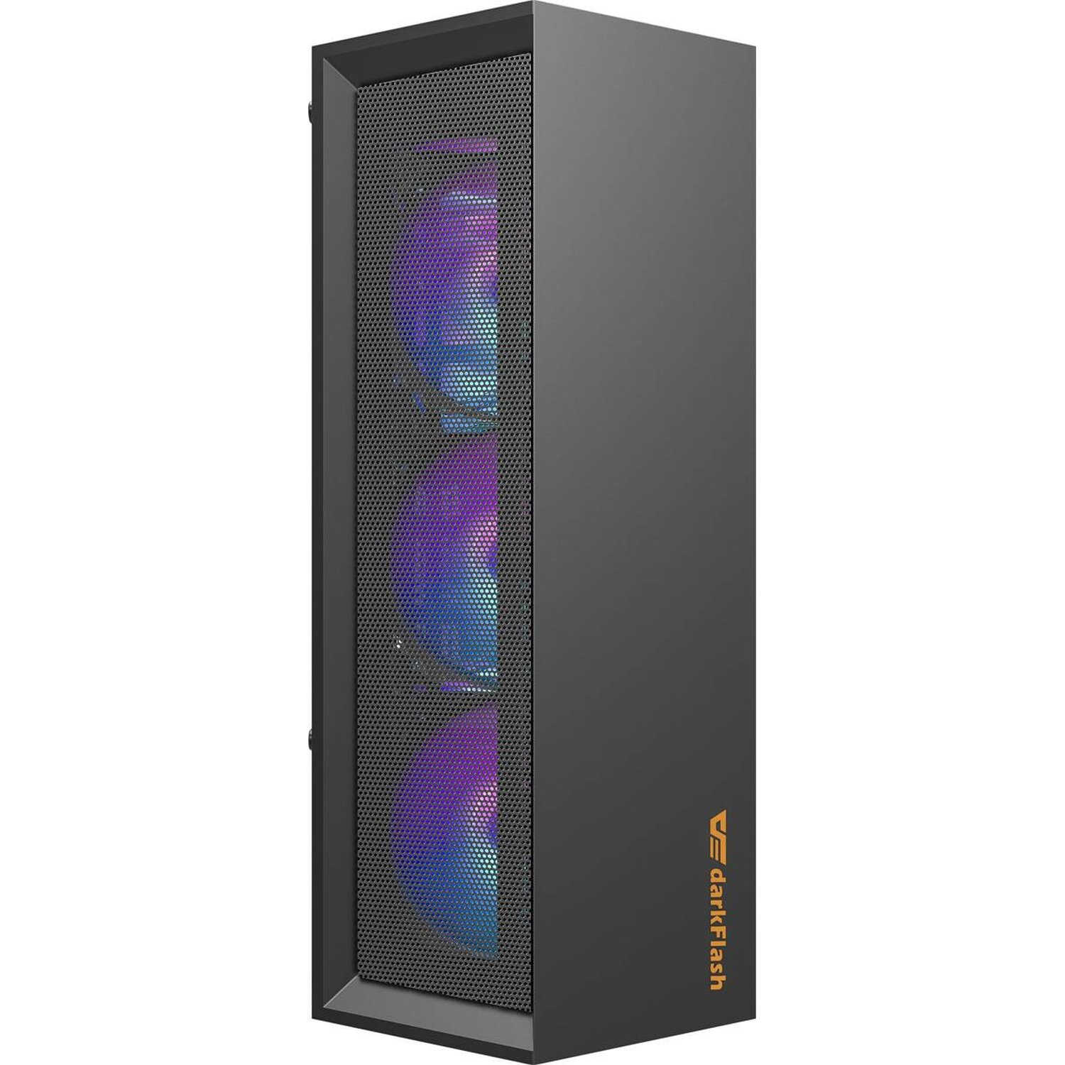 Ein schwarzes Computergehäuse mit einer Mesh-Front, sichtbaren Lüftern und einem orangefarbenen Logo. Hintergrund: weiß.