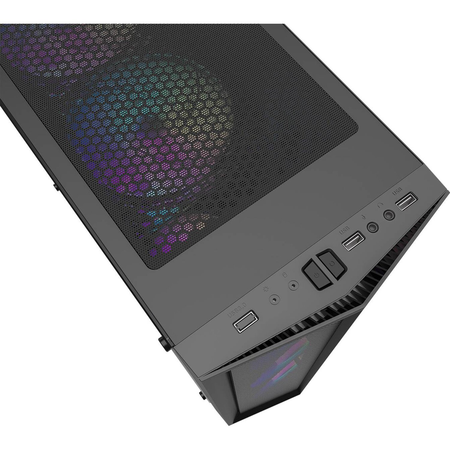 Schwarzes Computergehäuse mit sichtbaren Lüftern, Anschlüssen und einem Mesh-Top.