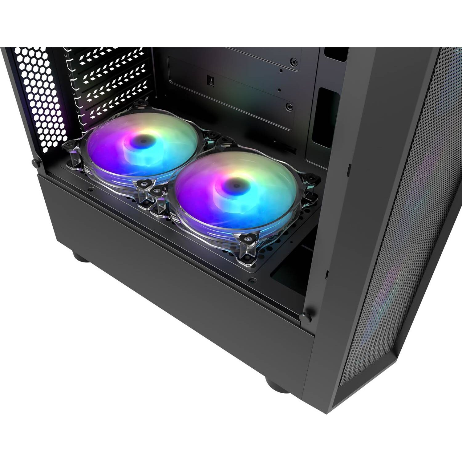 Schwarzes Computergehäuse mit zwei Regenbogenlüftern. Mesh-Front, von der Seite sichtbar.