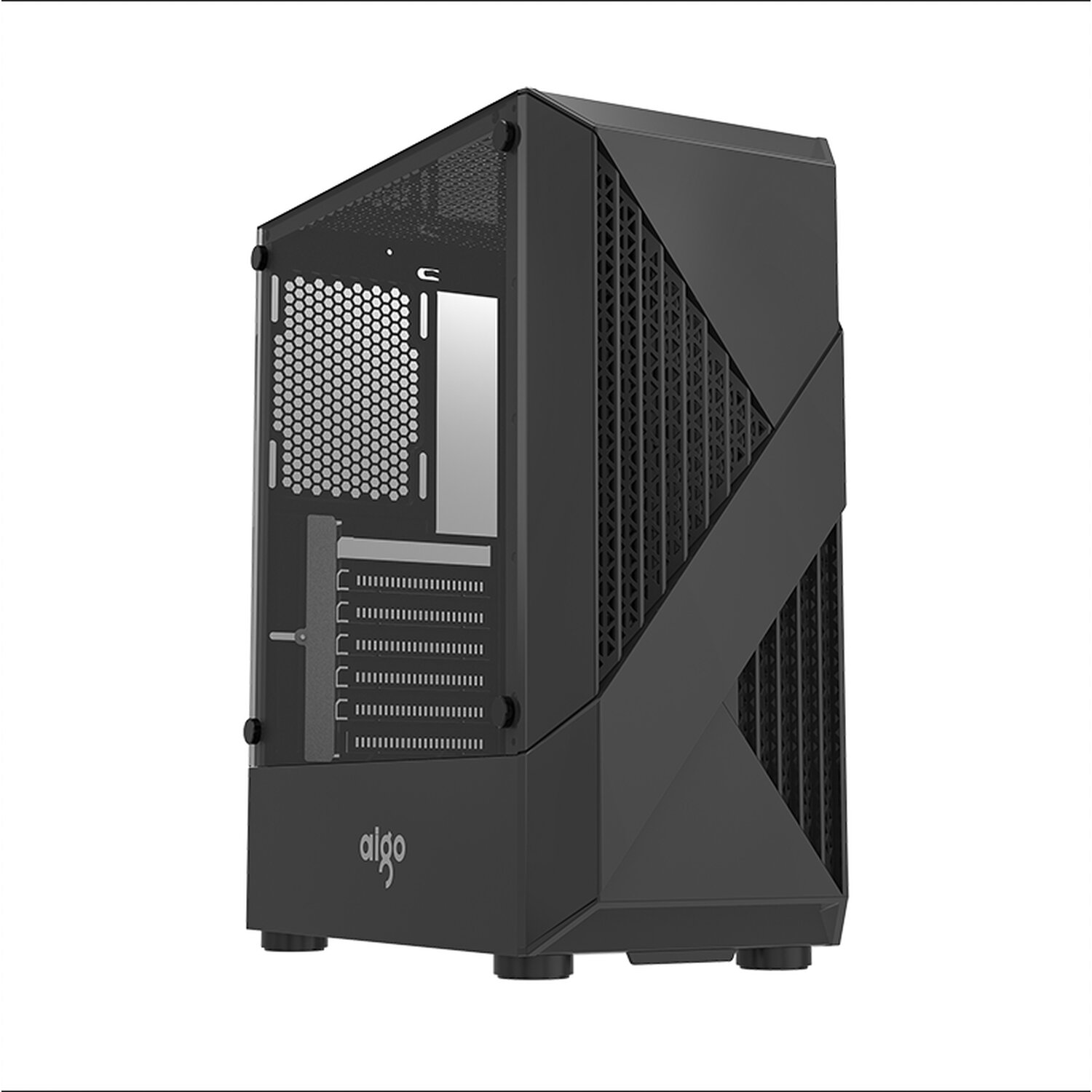 Schwarzes Computergehäuse mit Glas-Seitenwand und Aigo-Logo.