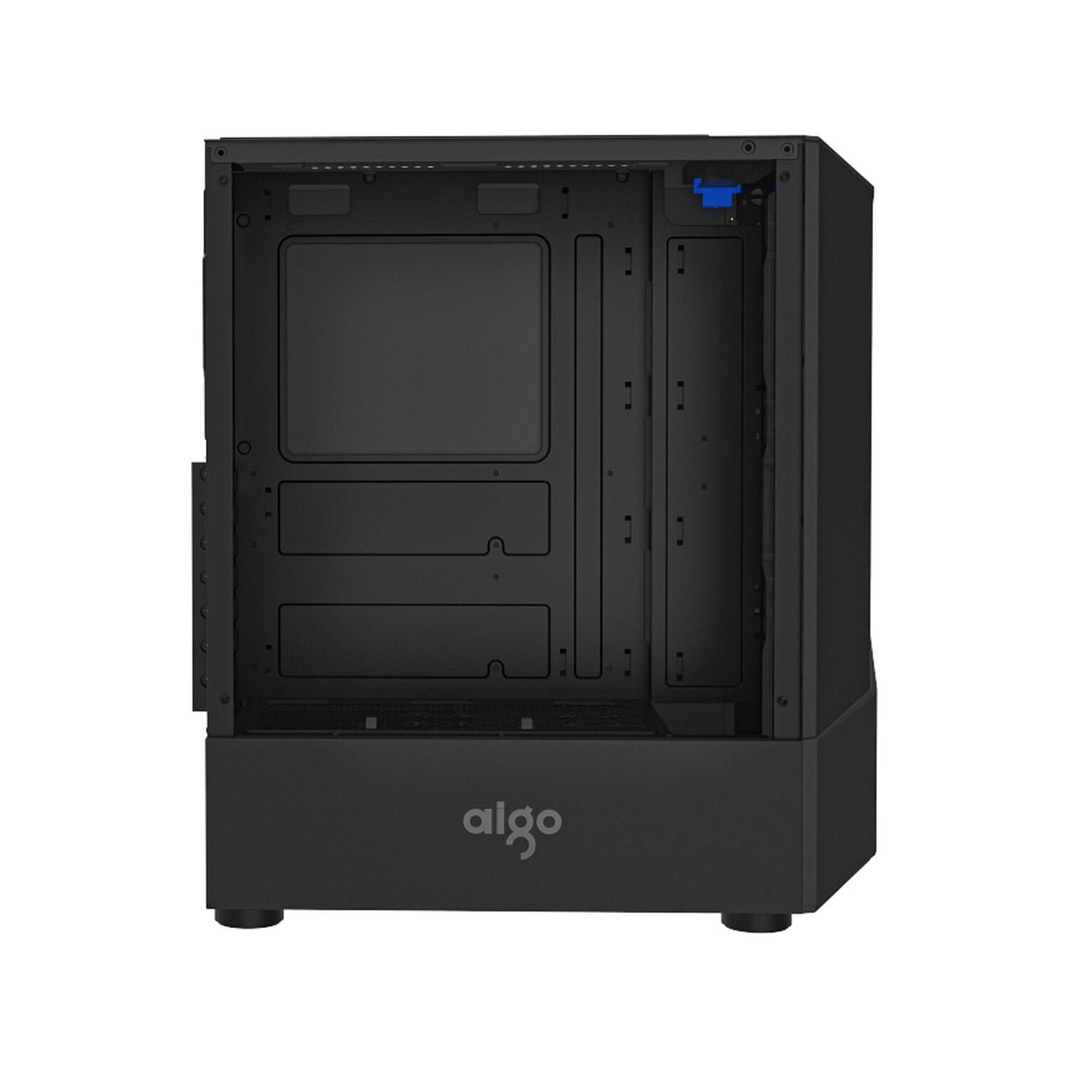 Leeres, schwarzes Computergehäuse, Innenraum sichtbar. Merkmale sind Montagepunkte und Kabelführungslöcher. 'algo' steht unten.