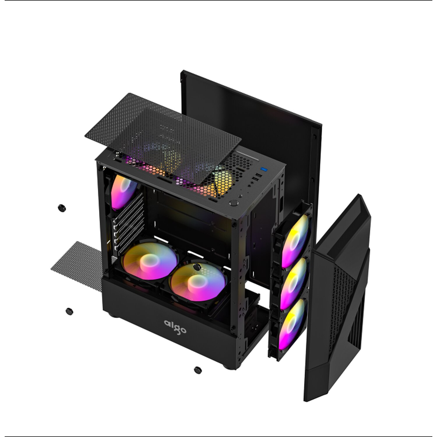Schwarzes Computergehäuse mit Komponenten. Lüfter mit Regenbogenlichtern.