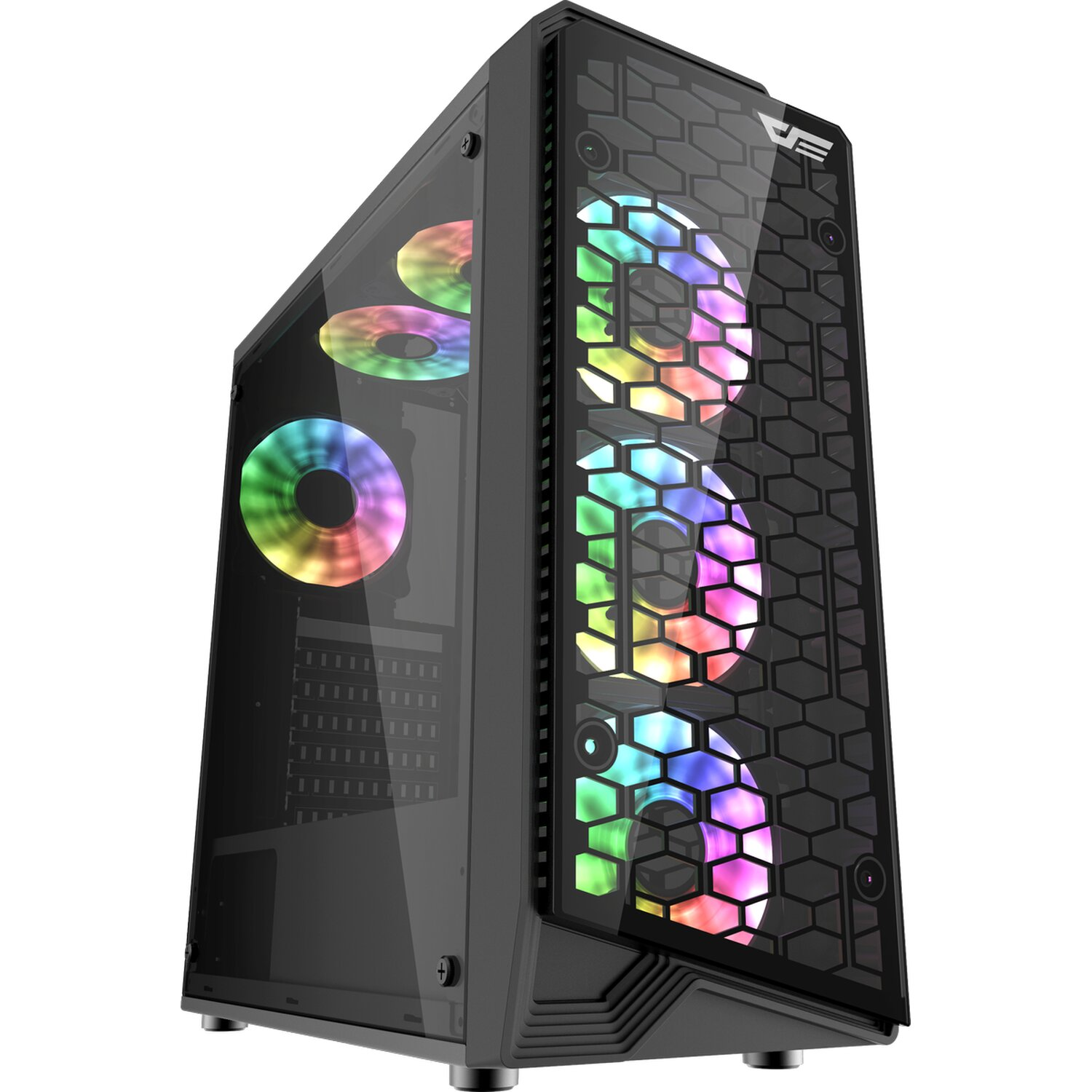 Schwarzes PC-Gehäuse mit RGB-Lüftern. Glasplatte zeigt interne Komponenten.