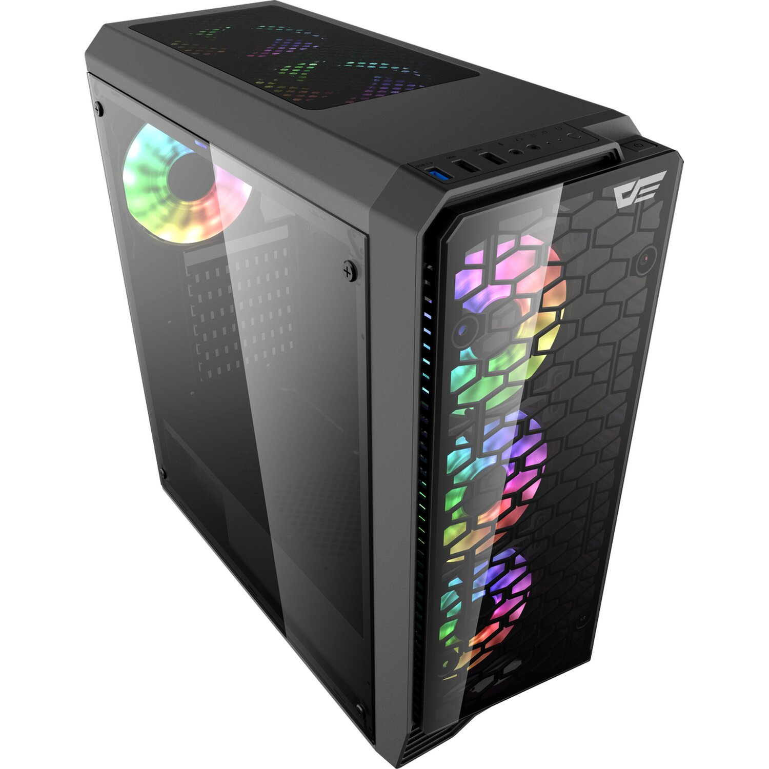 Ein schwarzes Computergehäuse mit Glasplatten und farbenfrohen LED-Leuchten, die interne Komponenten zeigen.