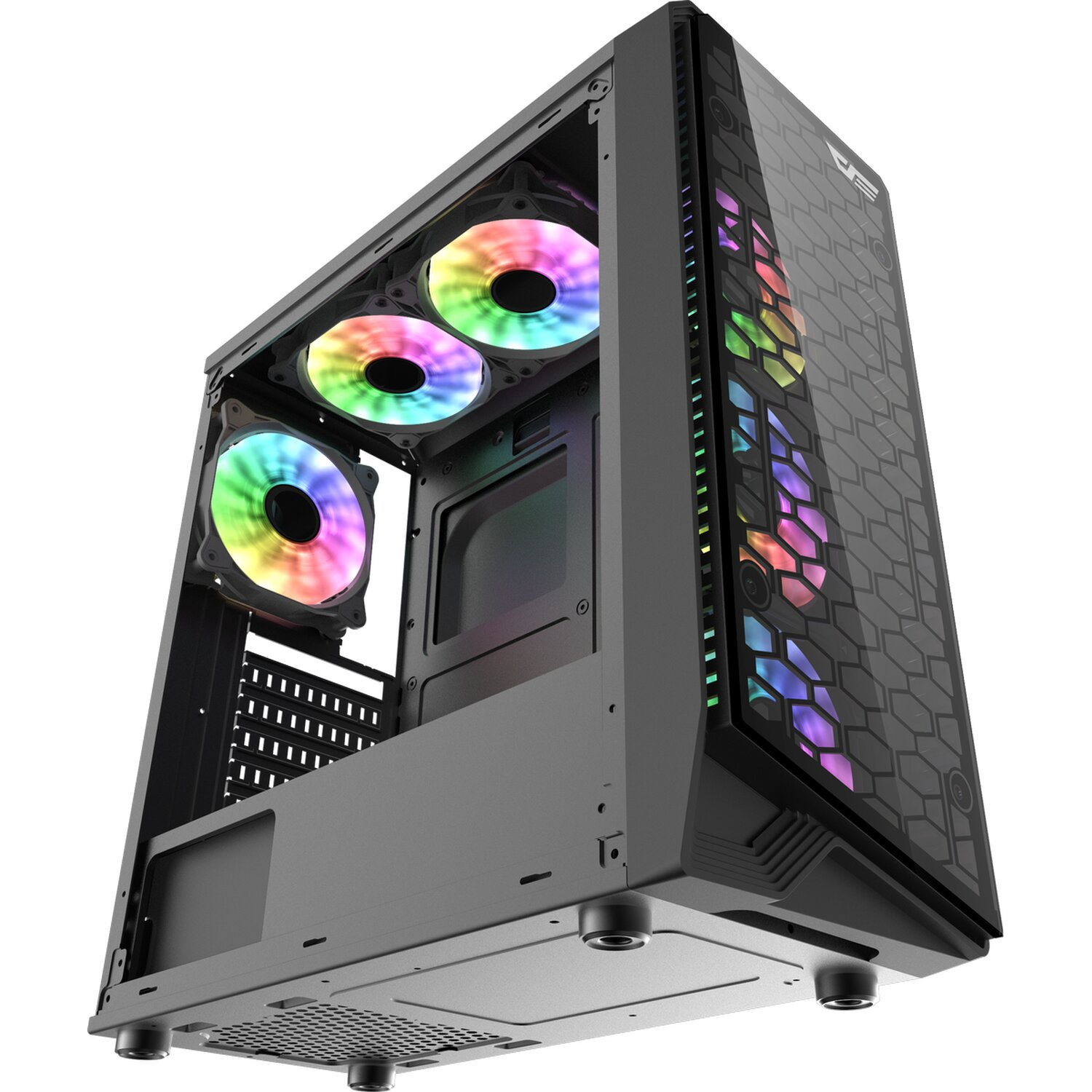 Schwarzes Computergehäuse mit bunten LED-Lüftern und einer Glas-Seitenwand.