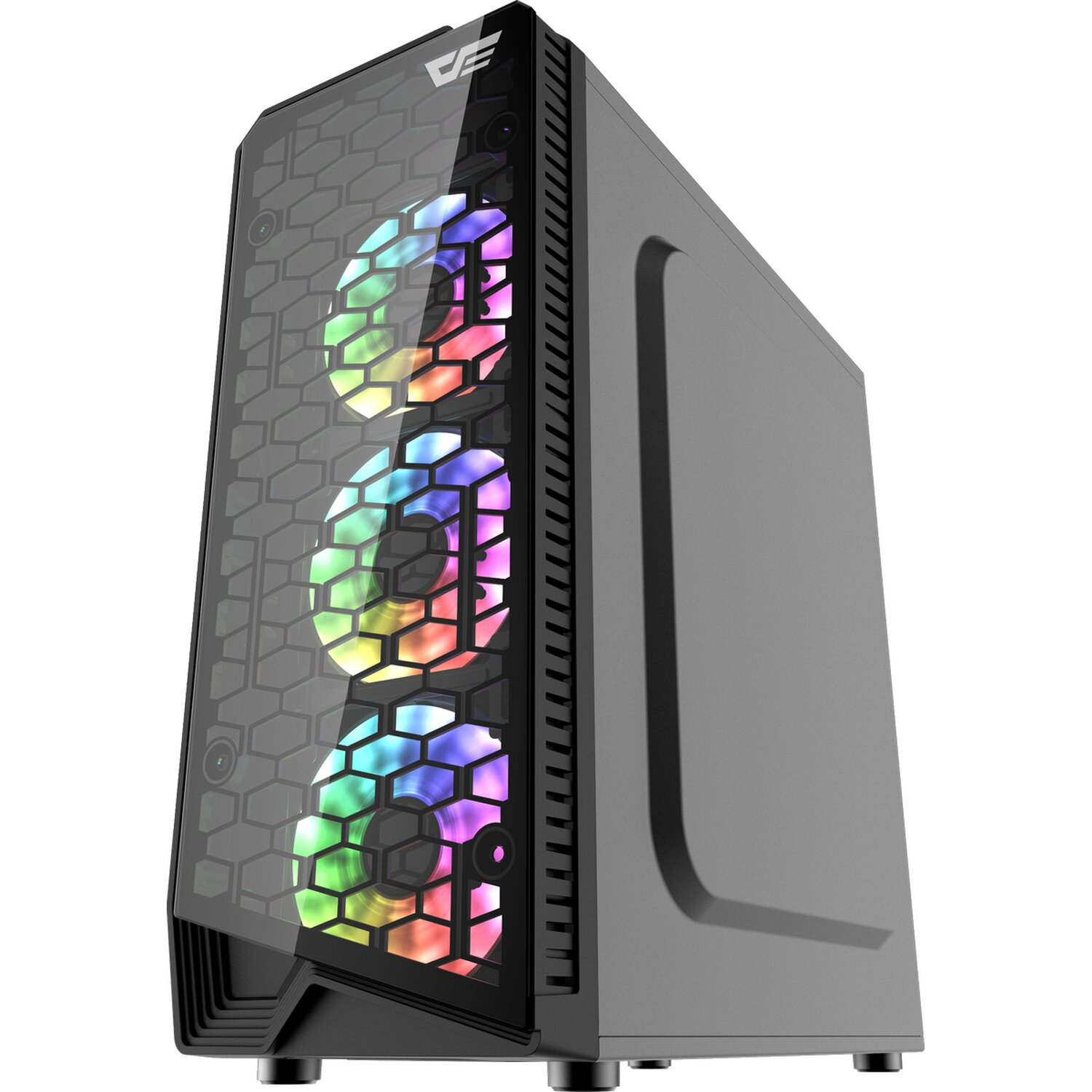 Computergehäuse mit Glasfront, drei farbigen Lüftern und einer grauen Seitenwand.