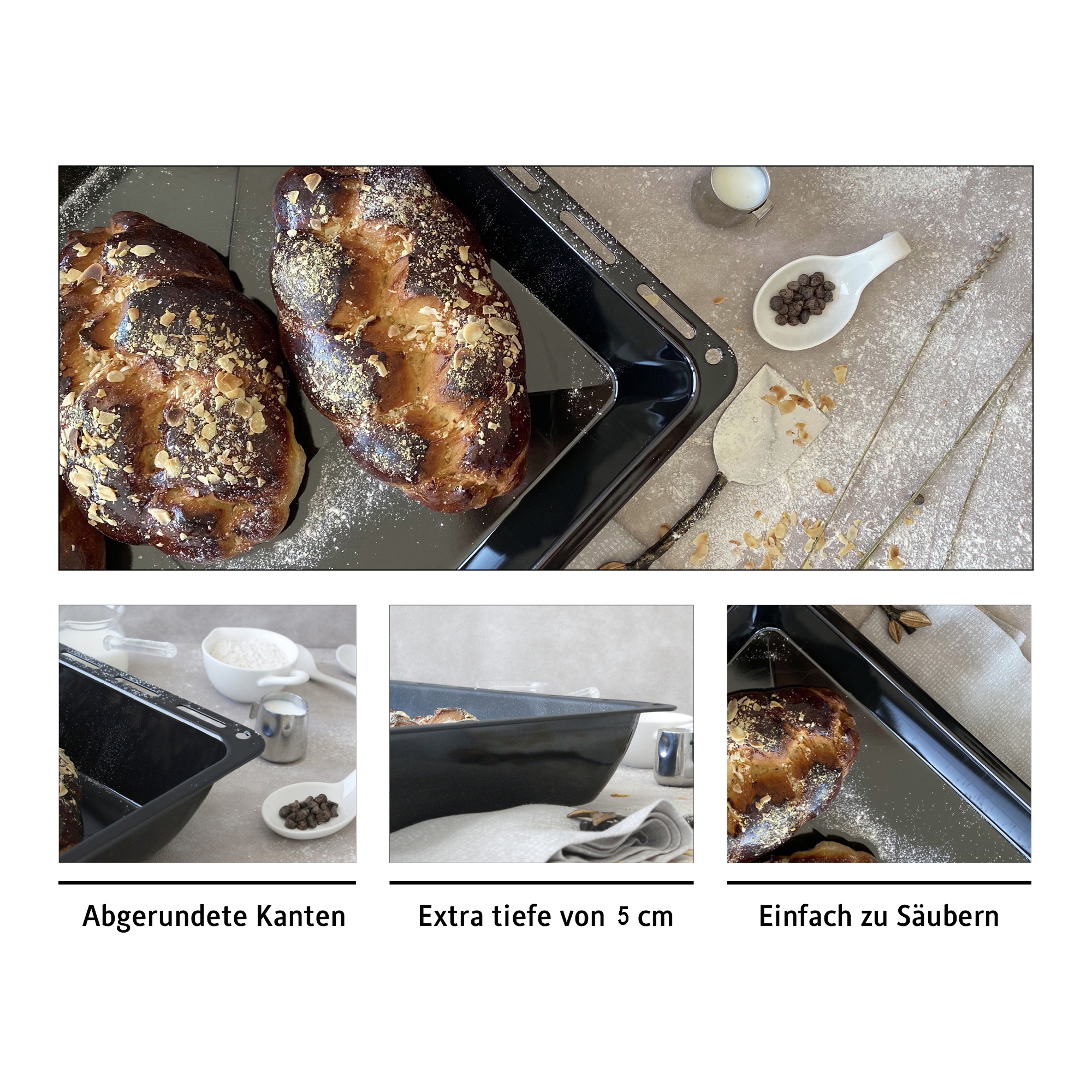 Backformen mit Brot. Drei Bilder mit Text: Abgerundete Kanten, Extra tief von 5 cm, Einfach zu säubern.