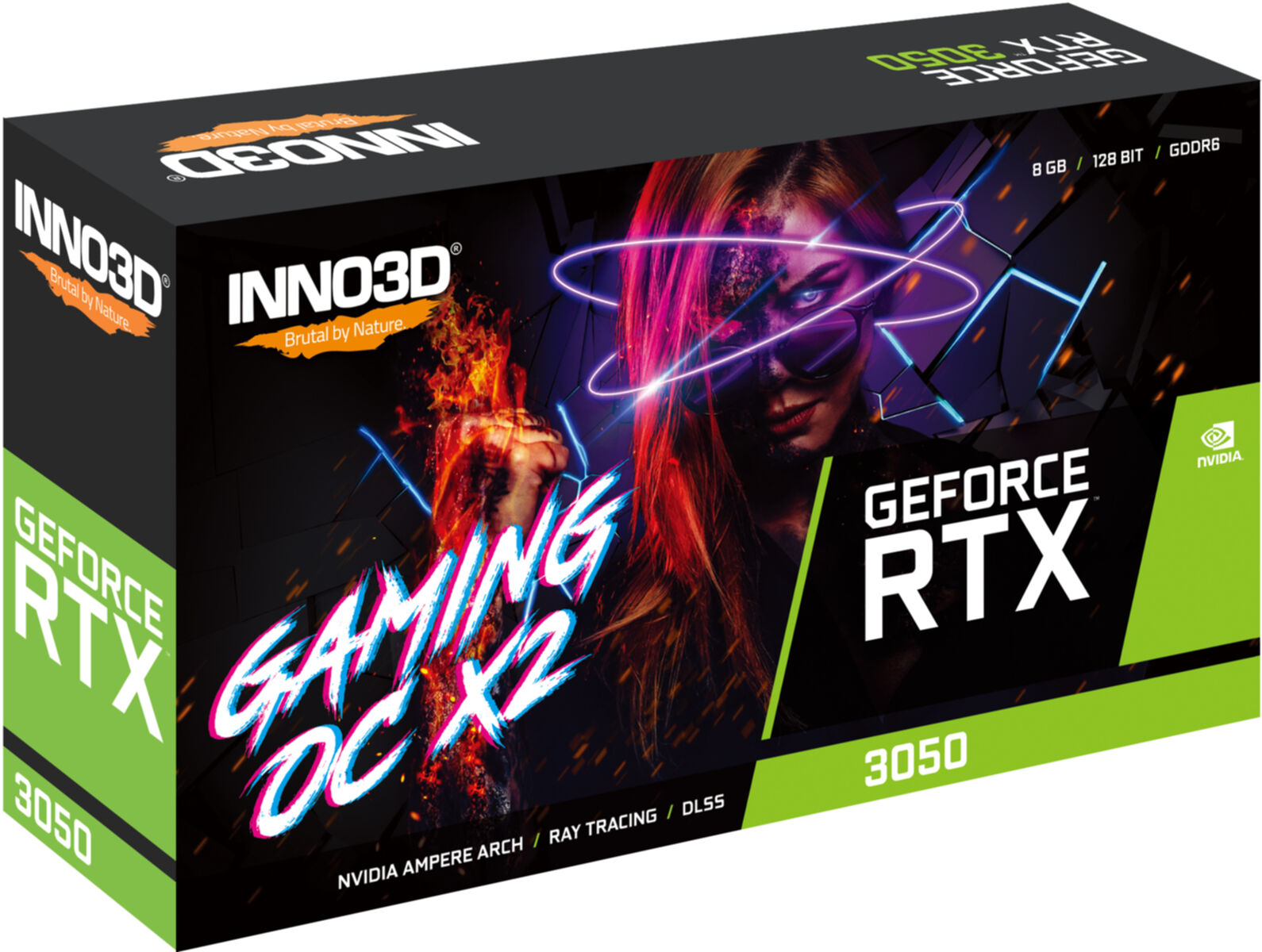 Grafikkartenbox mit Frauengesicht und den Worten 'GeForce RTX 3050'.