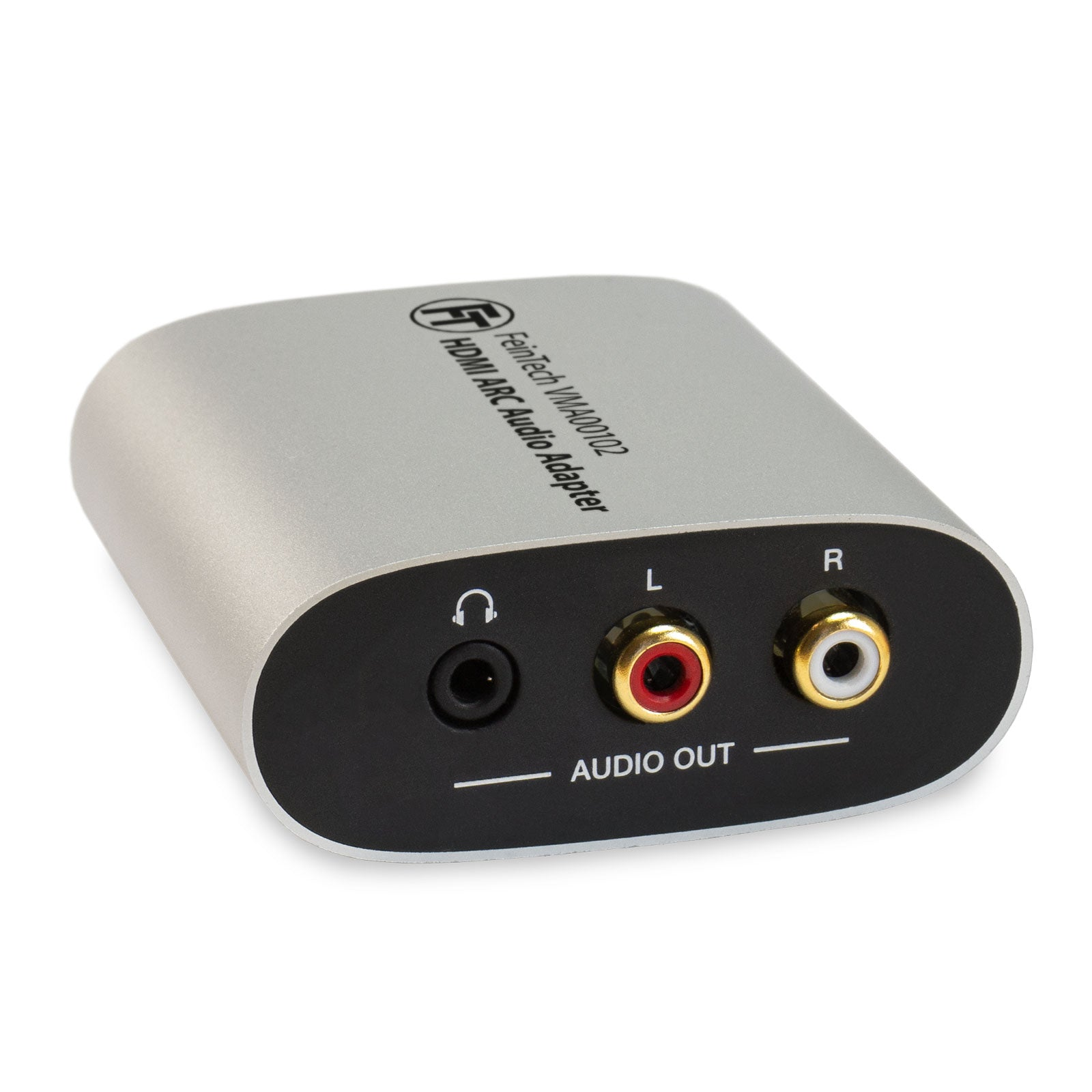 Ein silberner HDMI ARC Audioadapter mit Audioausgängen, isoliert auf weißem Hintergrund.