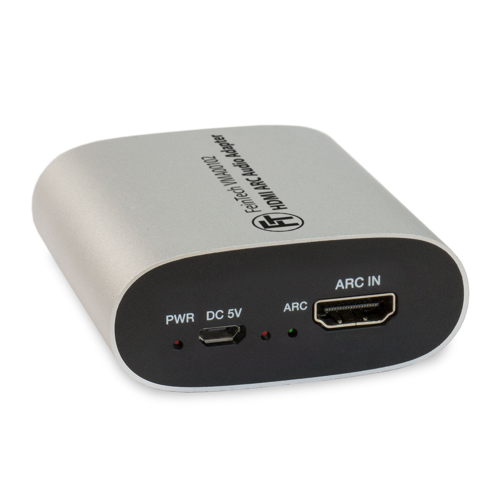 Silberner HDMI ARC Audio Adapter. Hat PWR, DC 5V, ARC, ARC IN Anschlüsse.