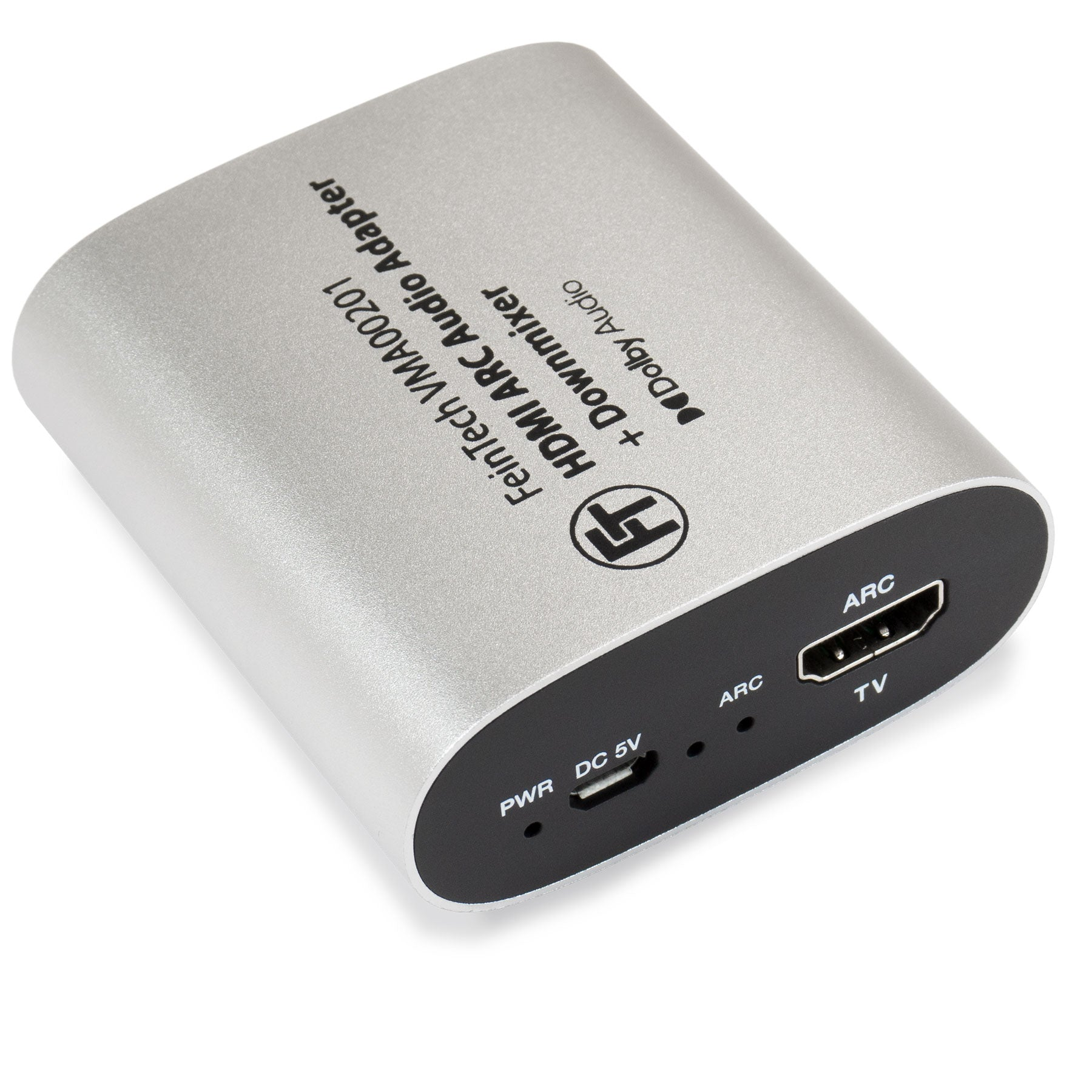 Silberner HDMI ARC Audioadapter mit Anschlüssen und Text, weißer Hintergrund.