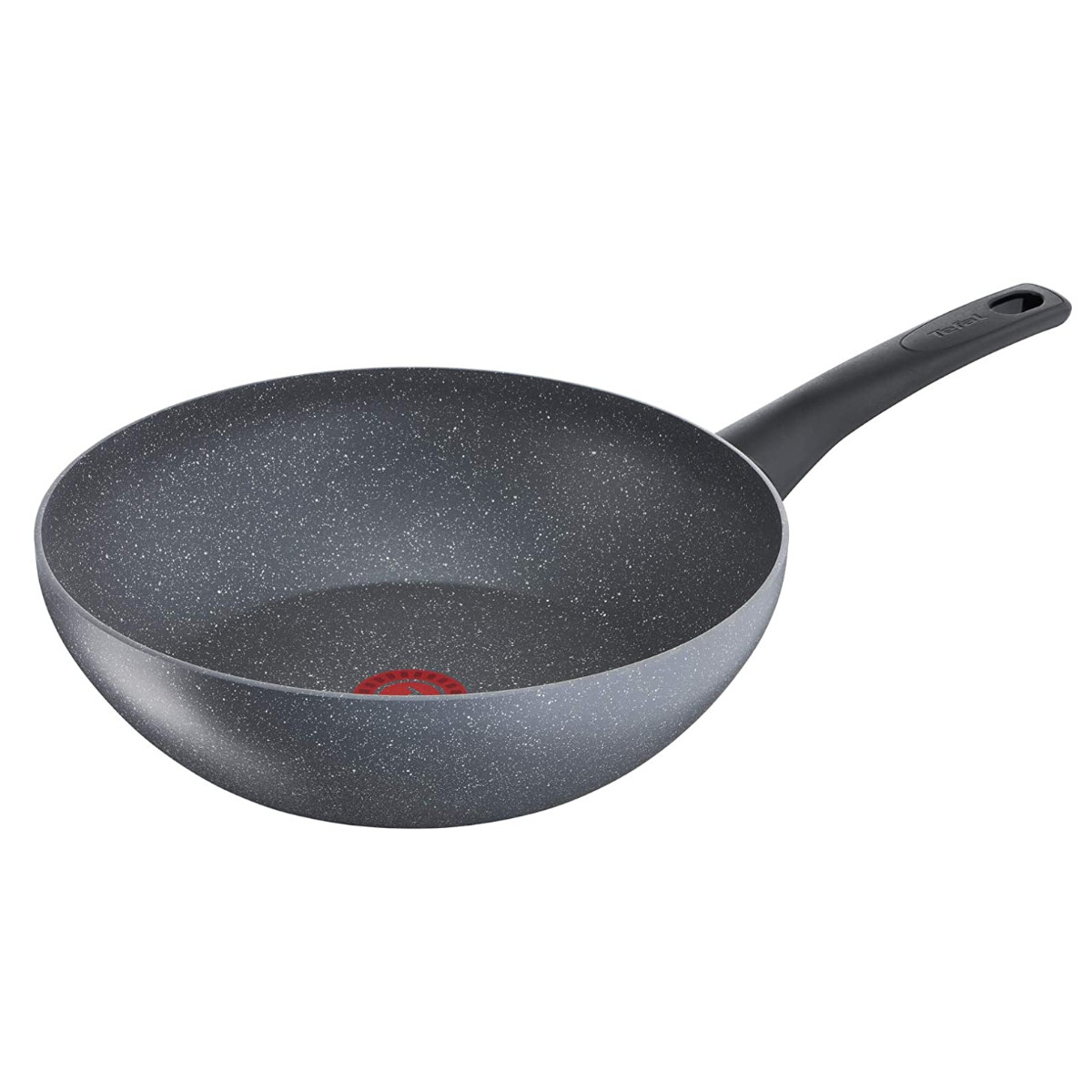 Eine graue Antihaft-Bratpfanne mit schwarzem Griff. Die Pfanne hat einen roten Punkt am Boden.