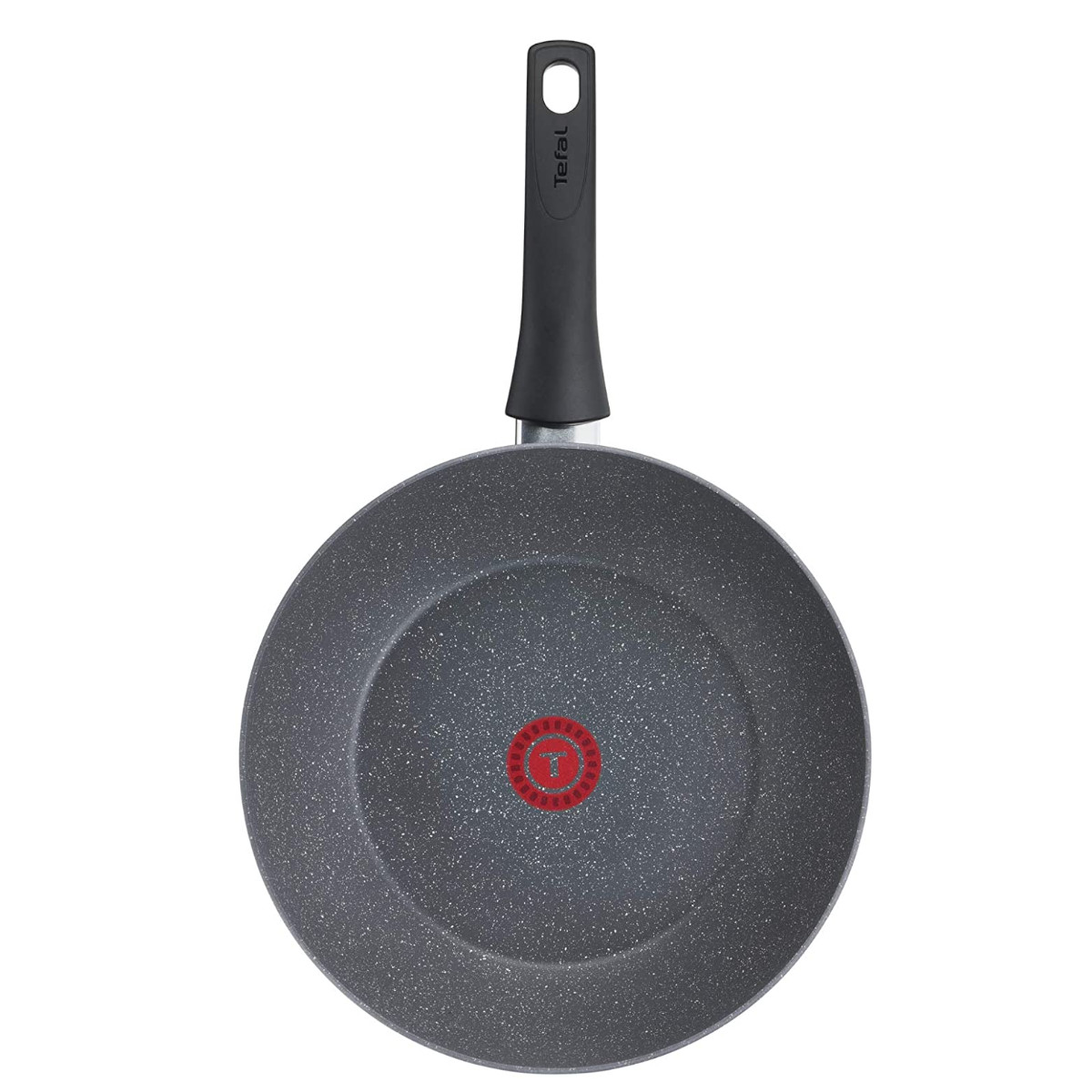 Graue Bratpfanne mit schwarzem Griff, rotes Tefal-Logo in der Mitte.