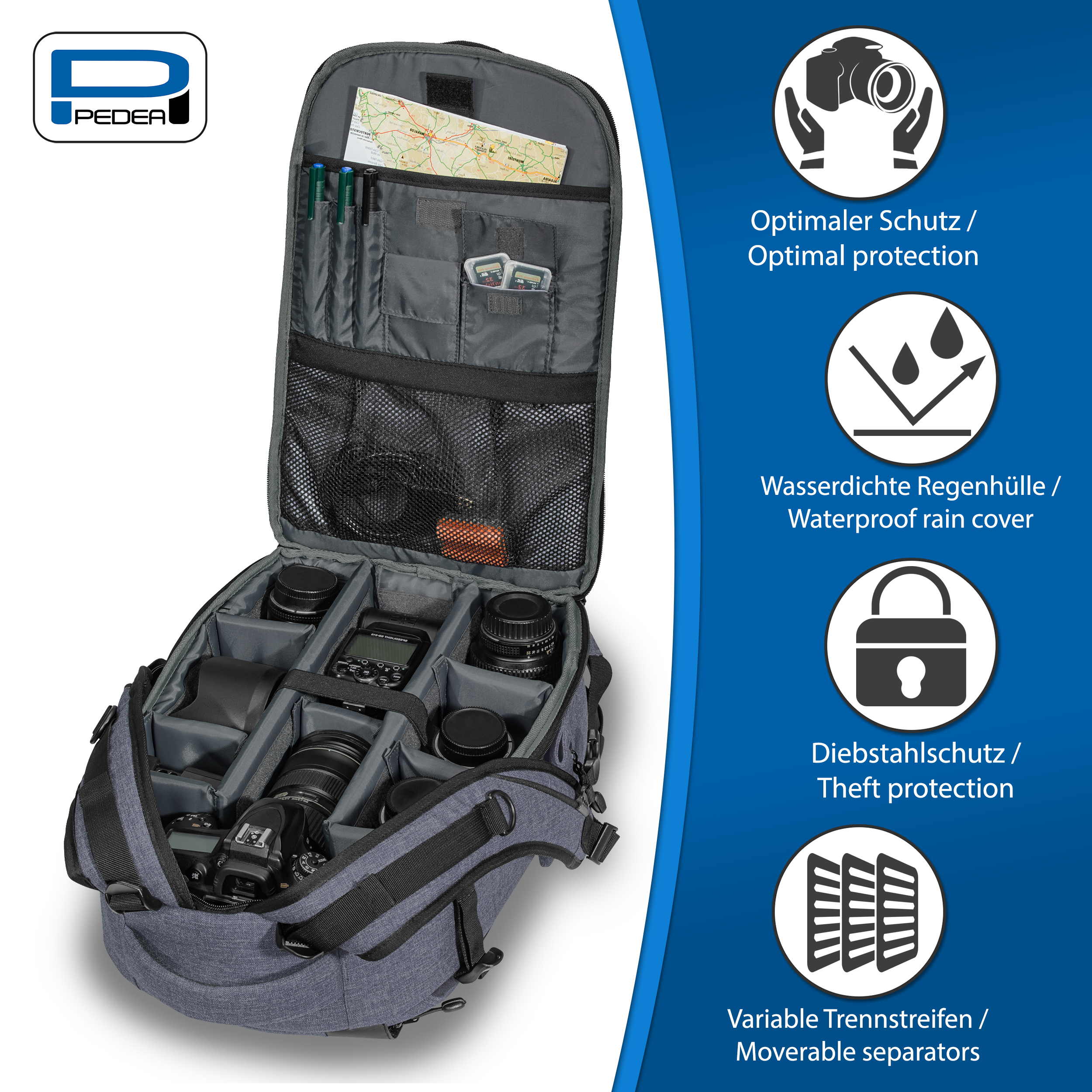 Rucksack mit offenem Innenraum mit Kameraausrüstung, Stiften und einer Karte. Text: Pedea.