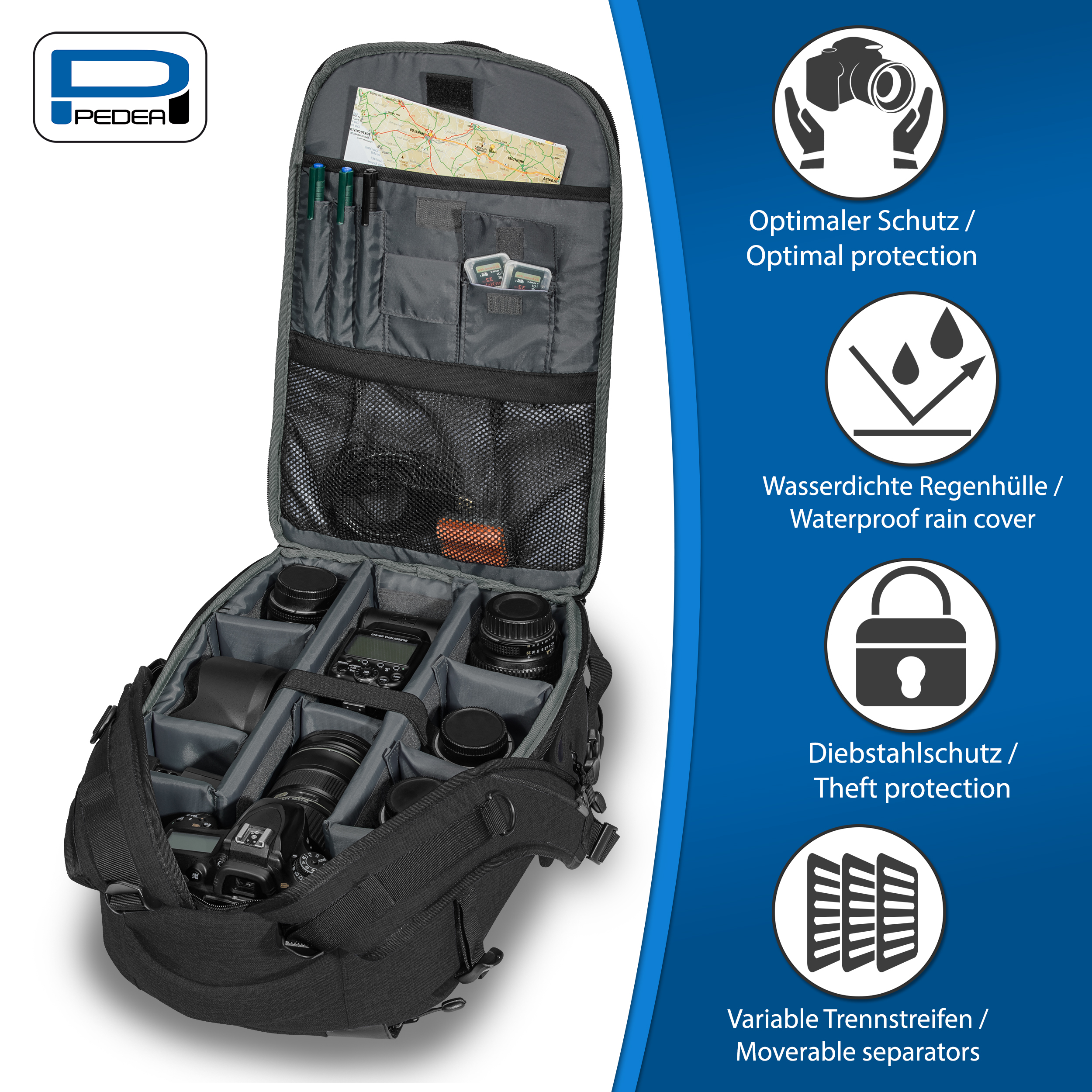Schwarzer Kamera-Rucksack mit offenen Fächern, Trennwänden und Taschen. Optimaler Schutz und Regenschutz vorhanden.