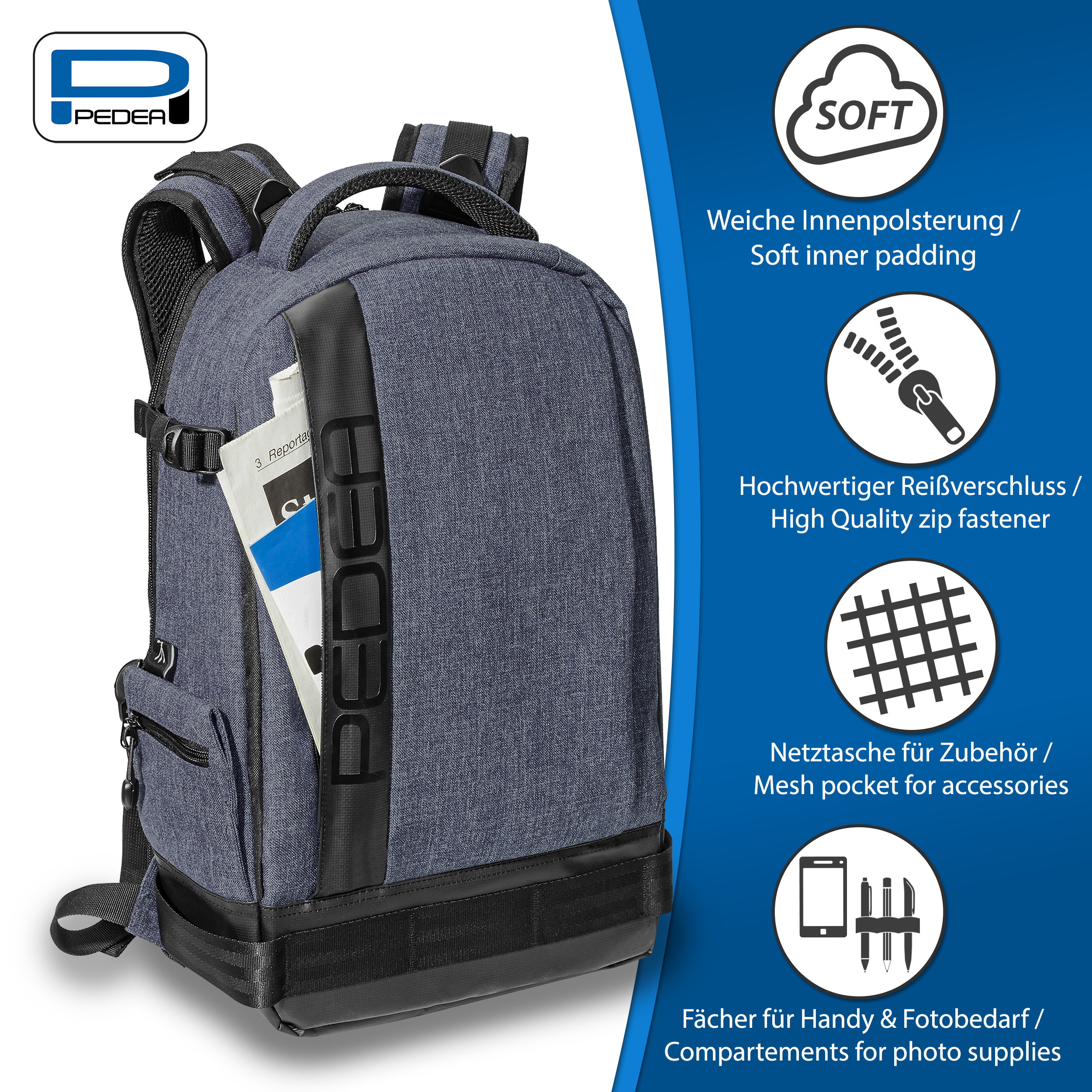 Ein blauer Rucksack mit schwarzen Akzenten und mehreren Fächern.
