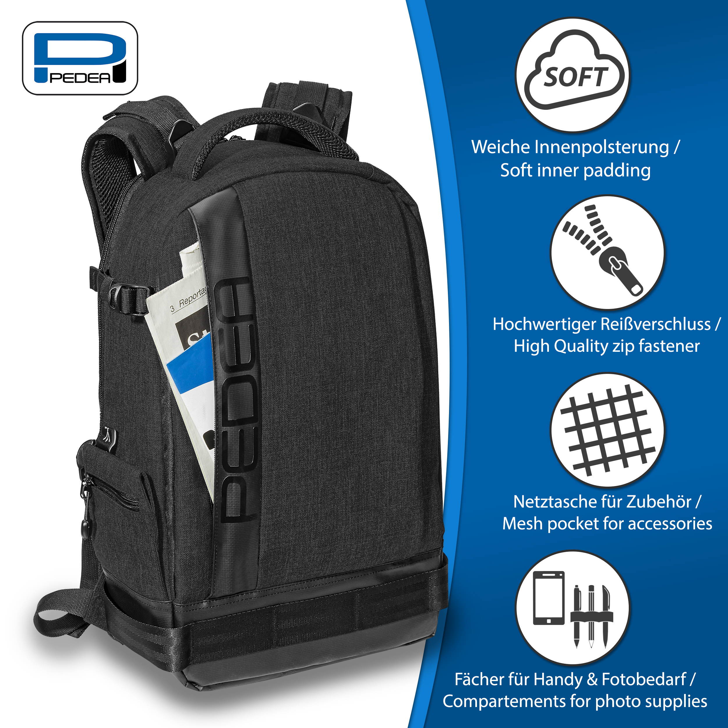 Schwarzer Rucksack mit offener Tasche, die einen Bericht zeigt. Text: Pedea. Netztasche und Fächer.