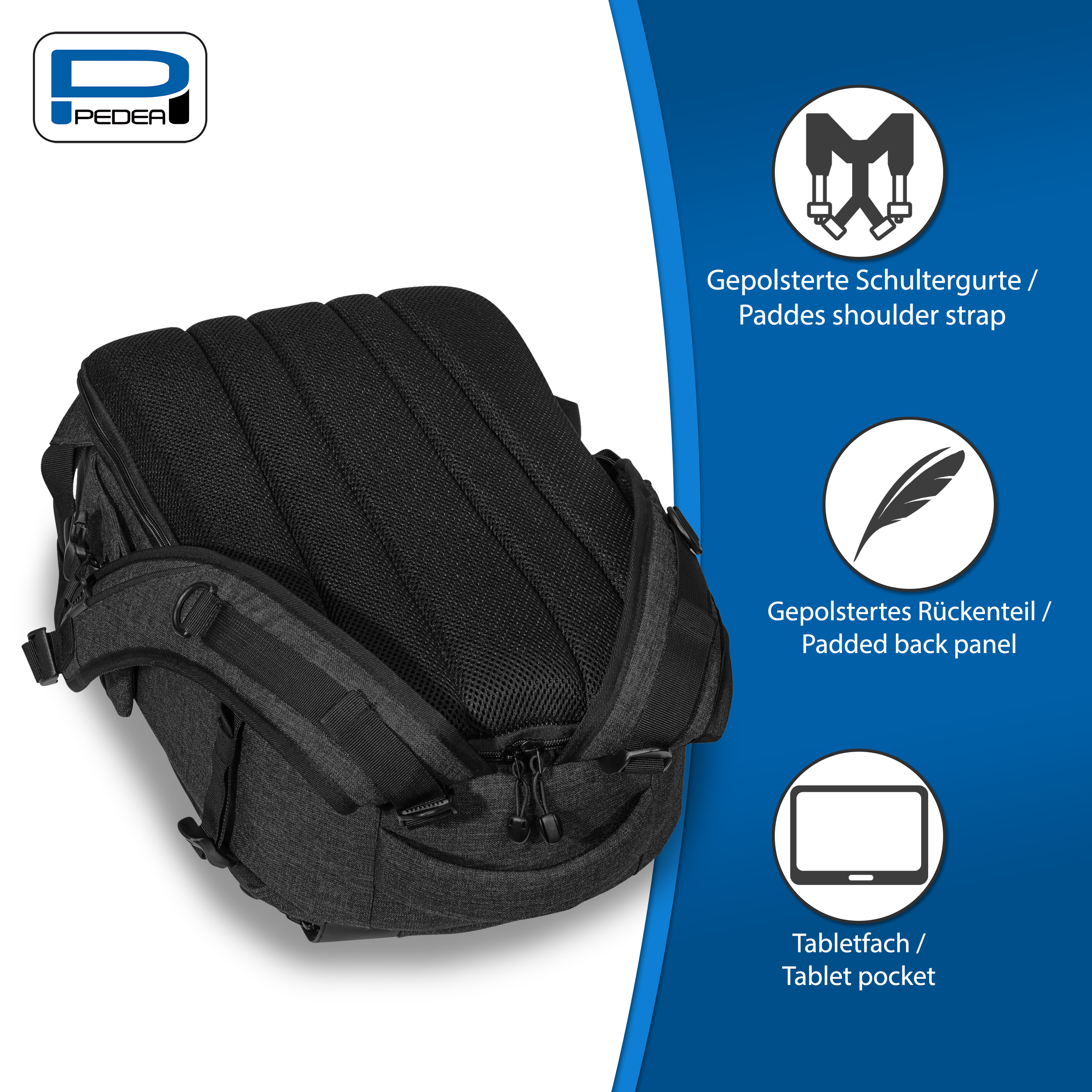 Ein schwarzer Rucksack mit Mesh-Rückenteil, gepolsterten Schultergurten und einer Tablettasche. Drei Symbole sind vorhanden.