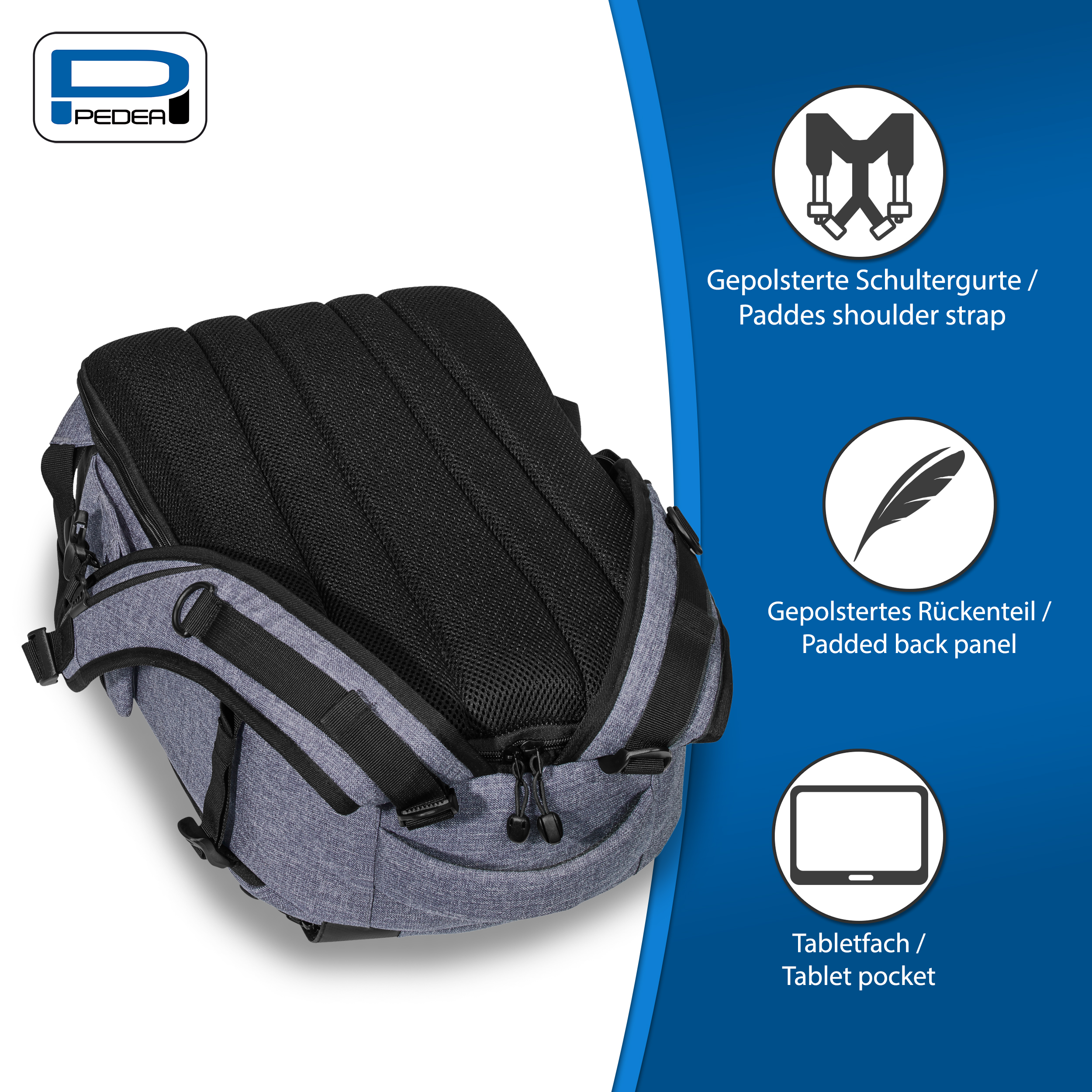 Grauer Rucksack mit gepolsterten Schultergurten und Rücken. Tablet-Fach vorhanden. Pedea-Logo sichtbar.