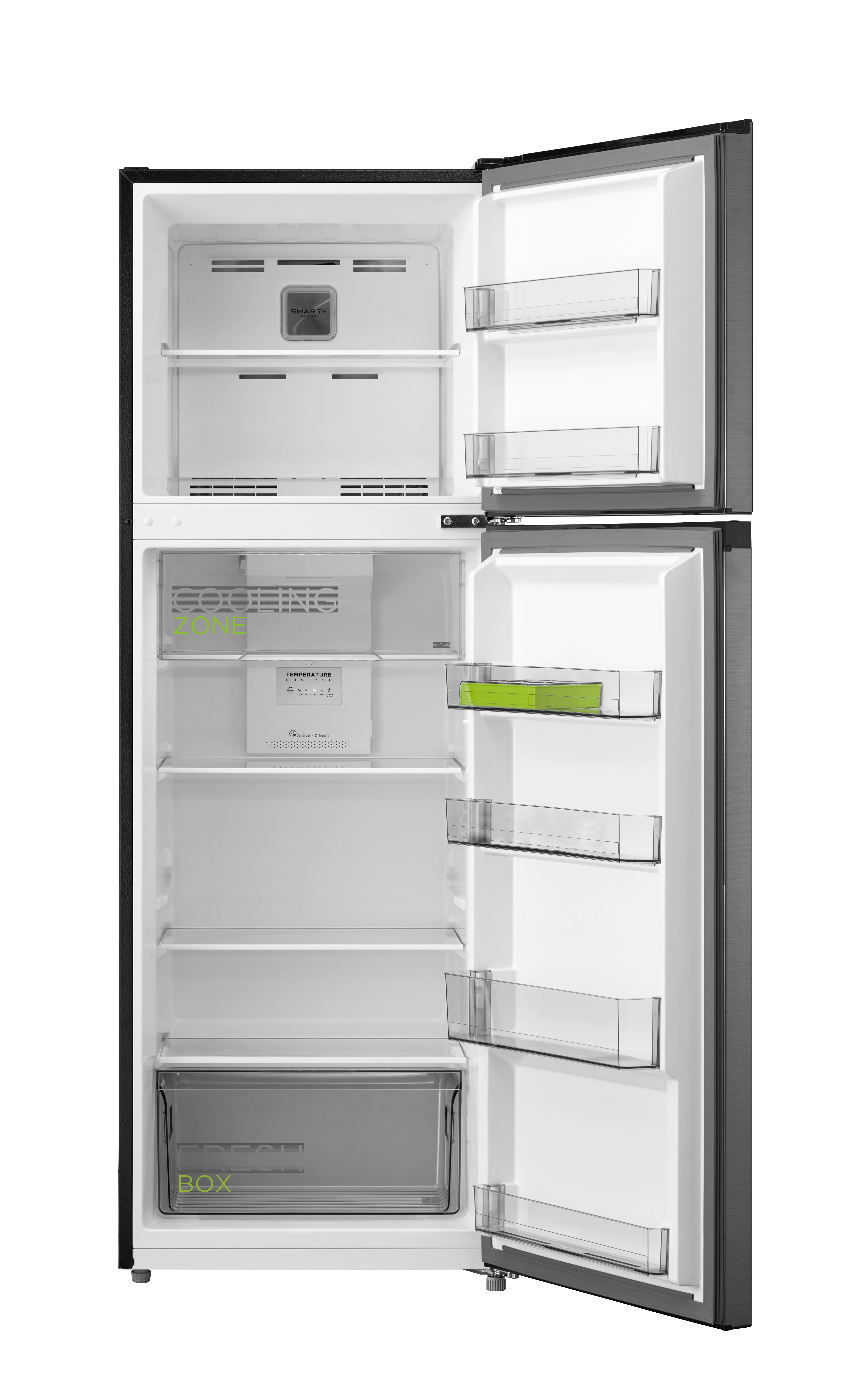 Refrigerador abierto con dos compartimentos, estantes, cajones y zona de enfriamiento visible.