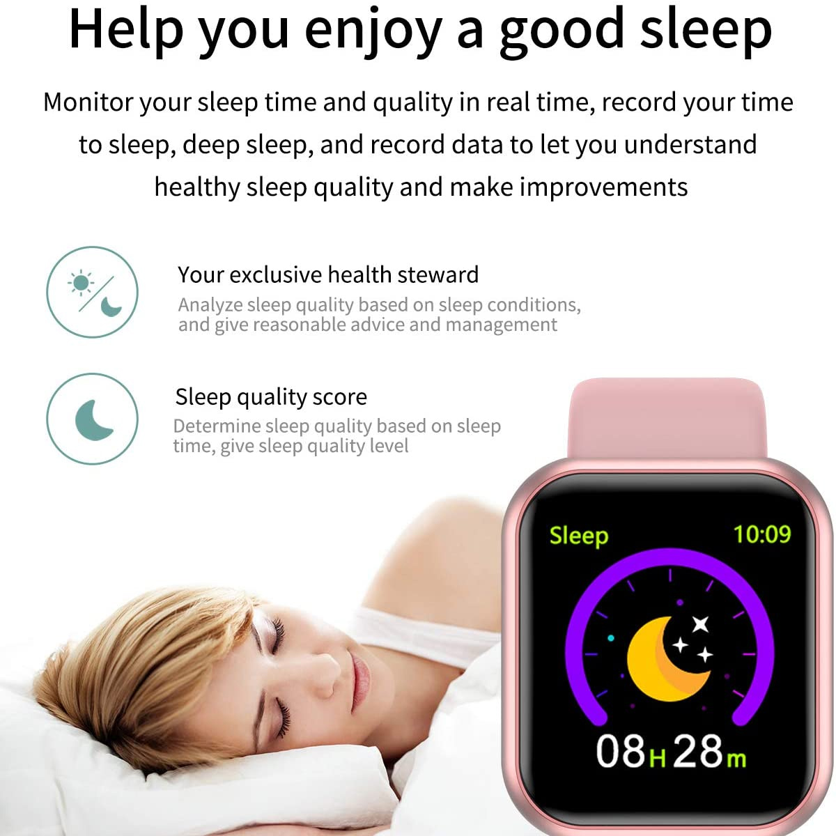 Un reloj inteligente rosa mostrando datos de sueño con una mujer en la cama en el fondo.
