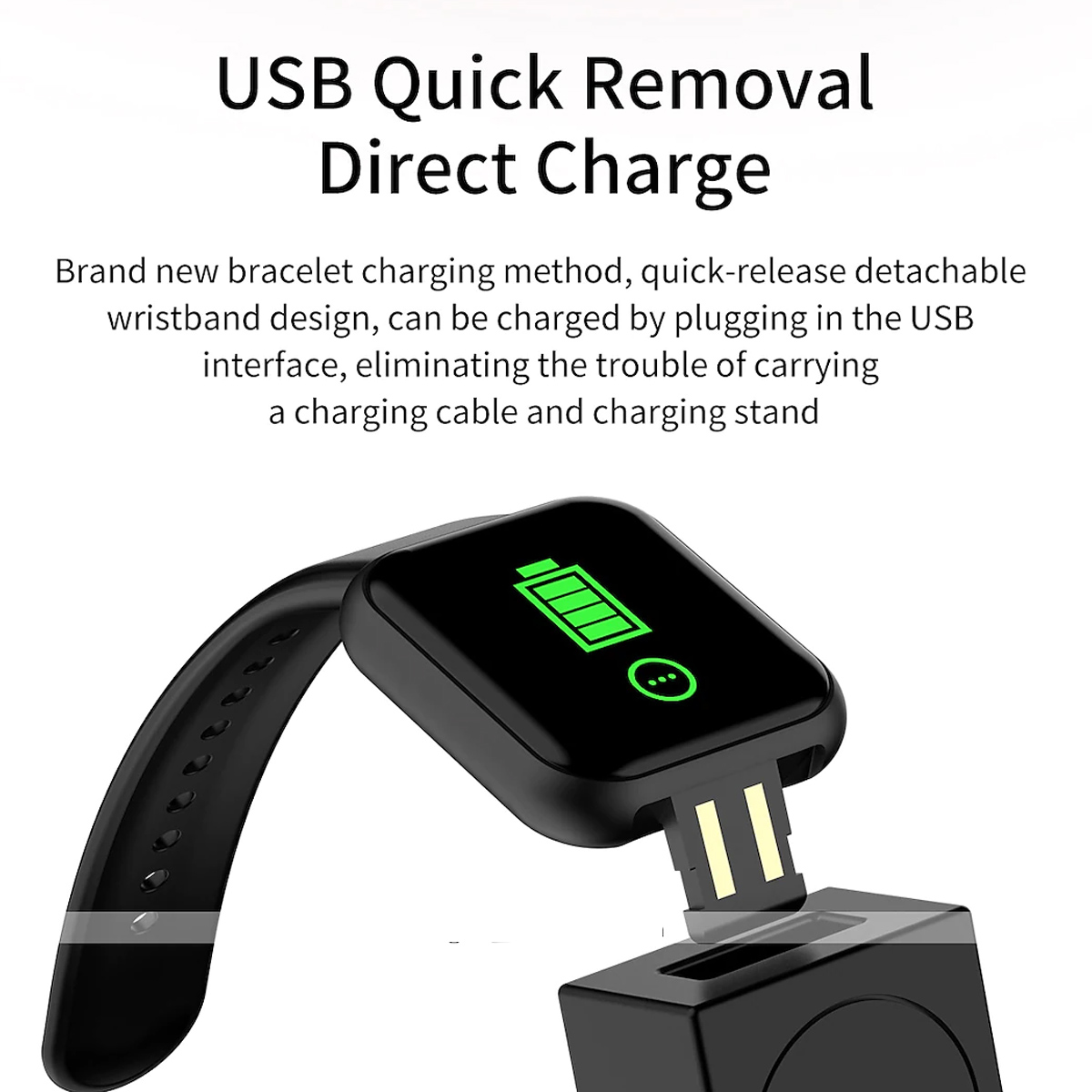 Reloj inteligente negro con cable de carga conectado. Texto: USB Quick Removal Direct Charge.