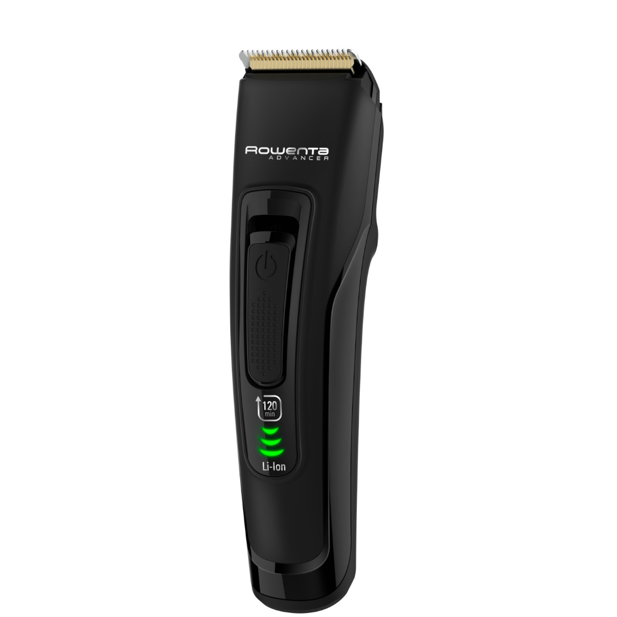 Tagliacapelli nero con indicatori di livello della batteria verdi e un pulsante di accensione, su sfondo bianco.