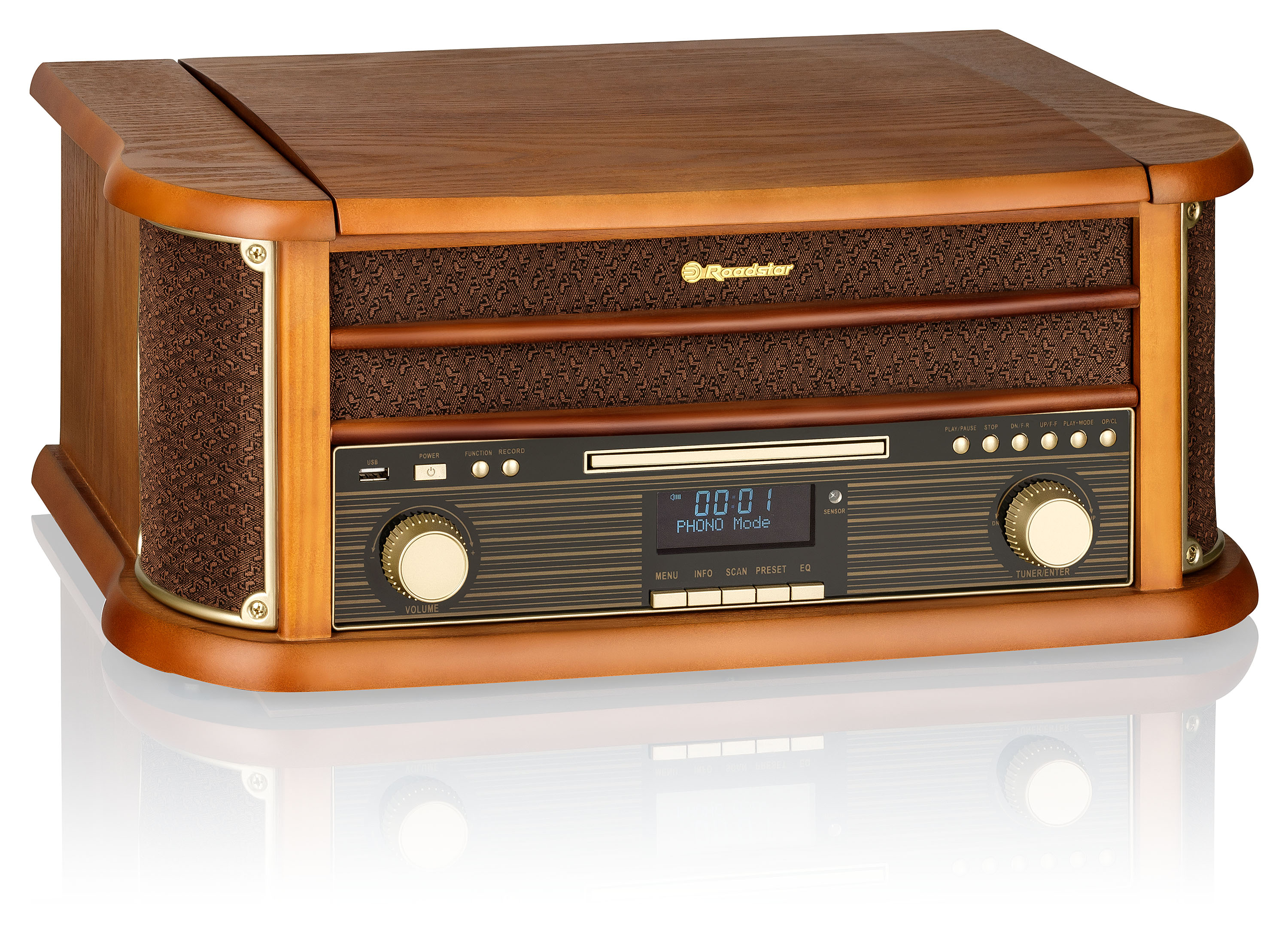 Tocadiscos retro de madera con cubierta de altavoz de tela marrón y detalles dorados. La pantalla muestra 'PHONO Mode'.