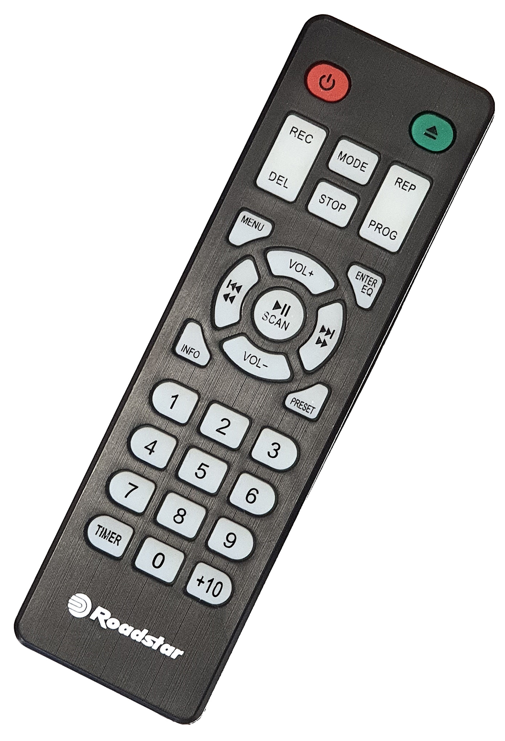 Czarny pilot Roadstar. Ma wiele przycisków i ciemną, metaliczną fakturę.