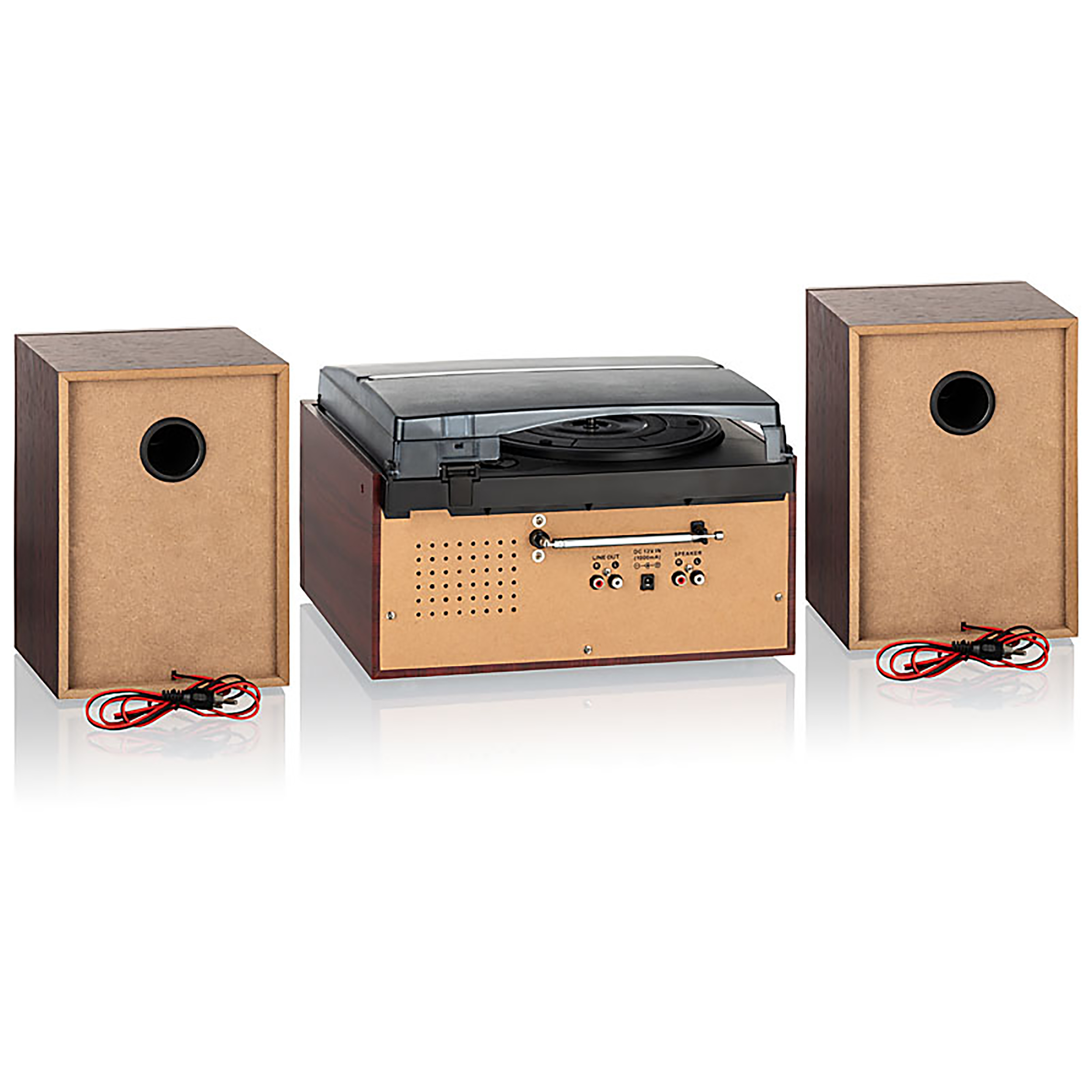 Tocadiscos retro con dos altavoces. El reproductor es marrón y los altavoces son de madera.