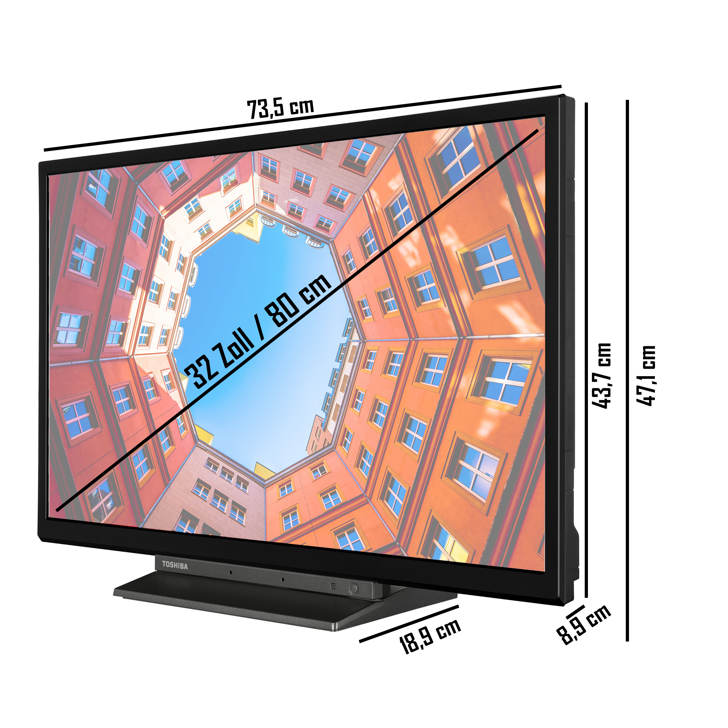 Un televisor con dimensiones y una vista de un edificio desde abajo.