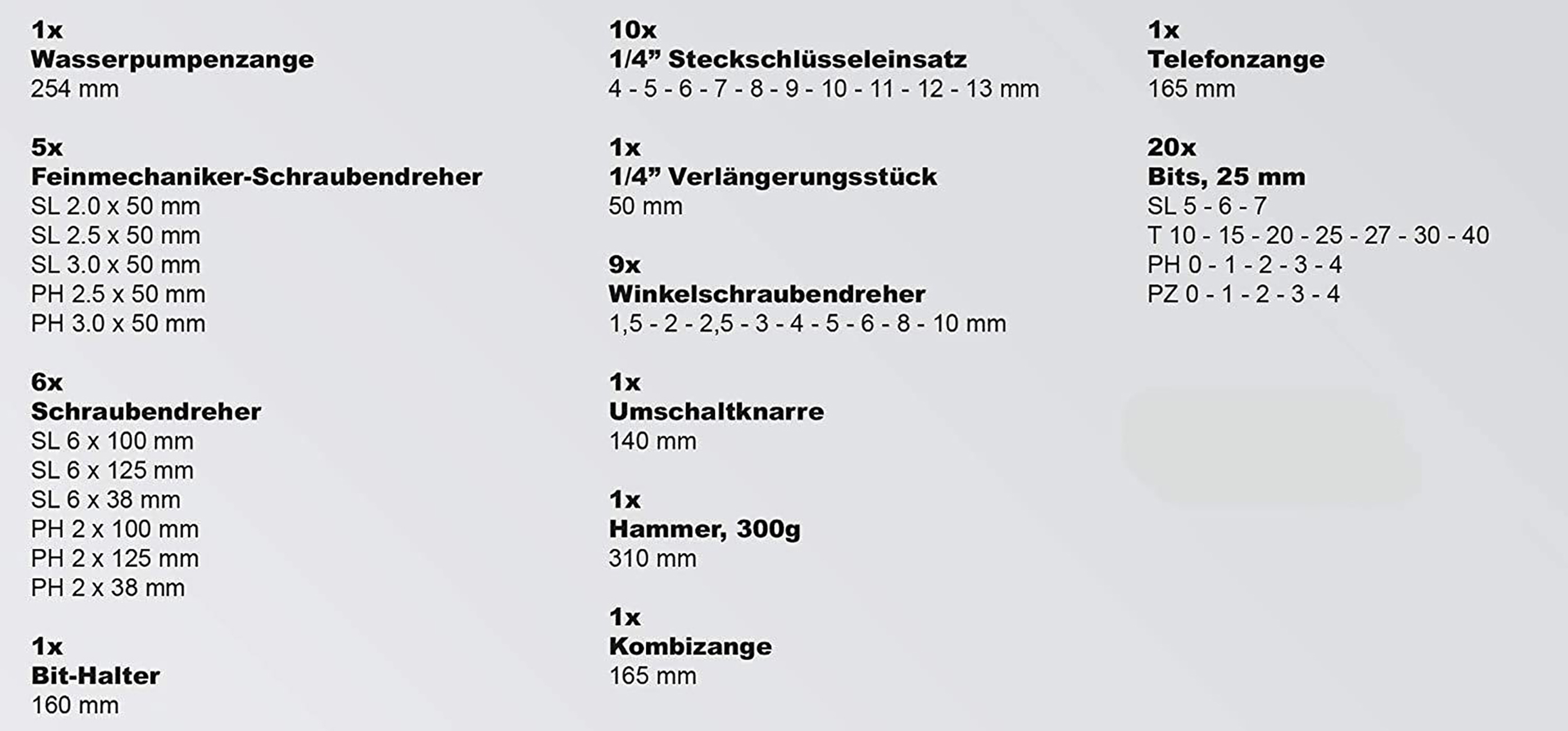Eine Liste verschiedener Werkzeuge, darunter Schraubendreher, Schraubenschlüssel und andere Hardwareartikel.