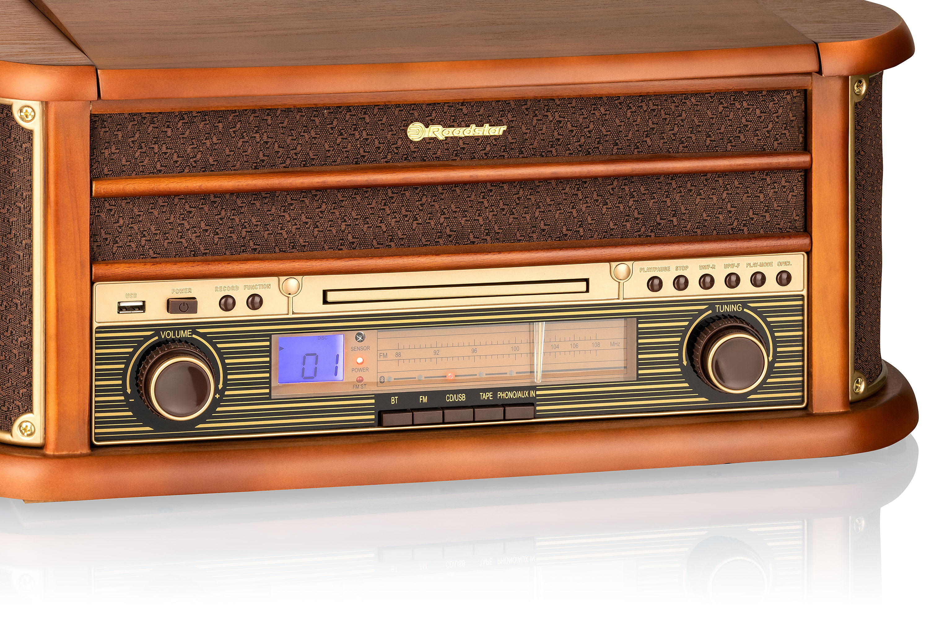 Retro-Radio aus Holz mit Plattenspieler, CD-Player und Bedienelementen.