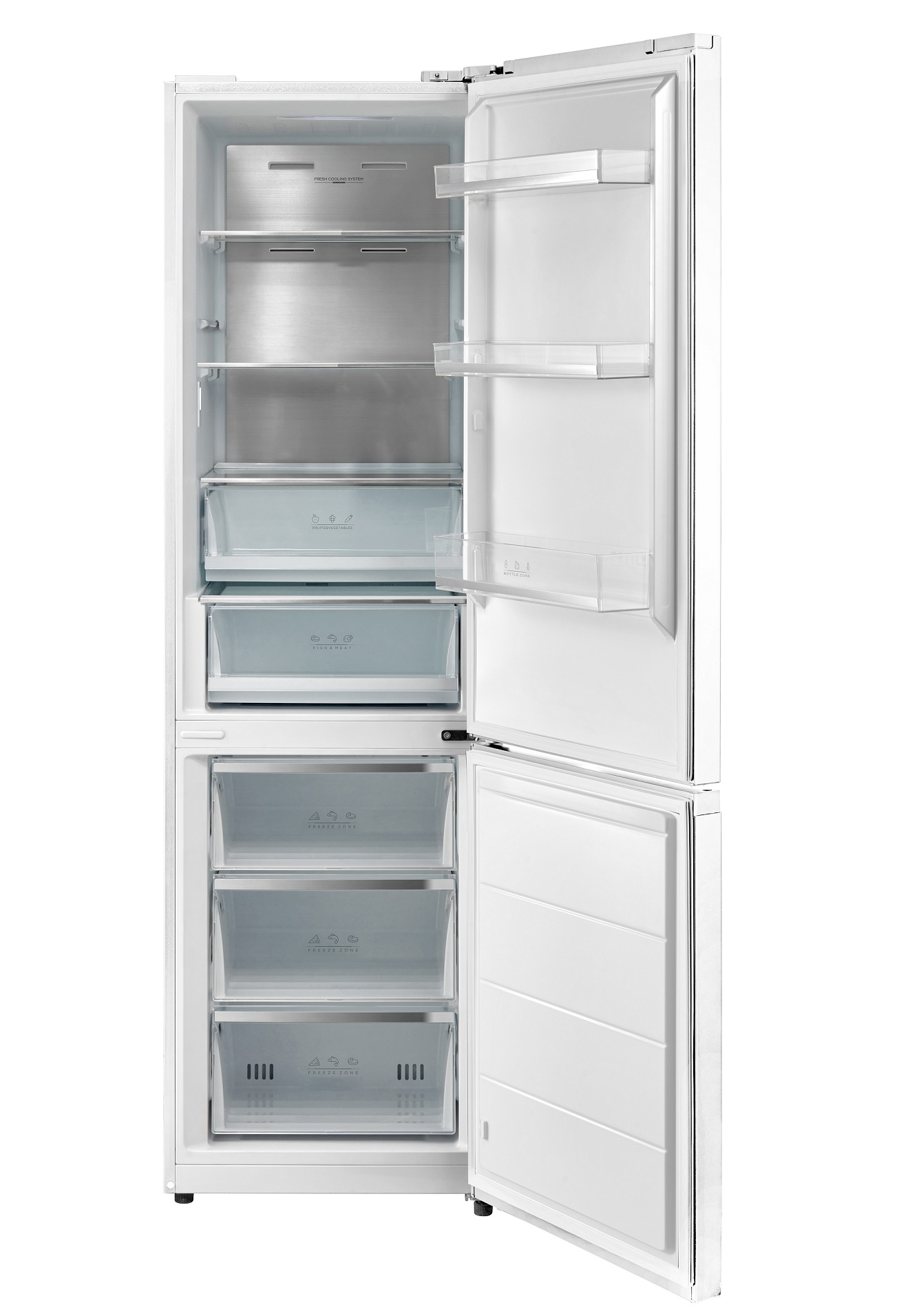 Refrigerador blanco con puertas abiertas. Estantes, cajones, y comida.