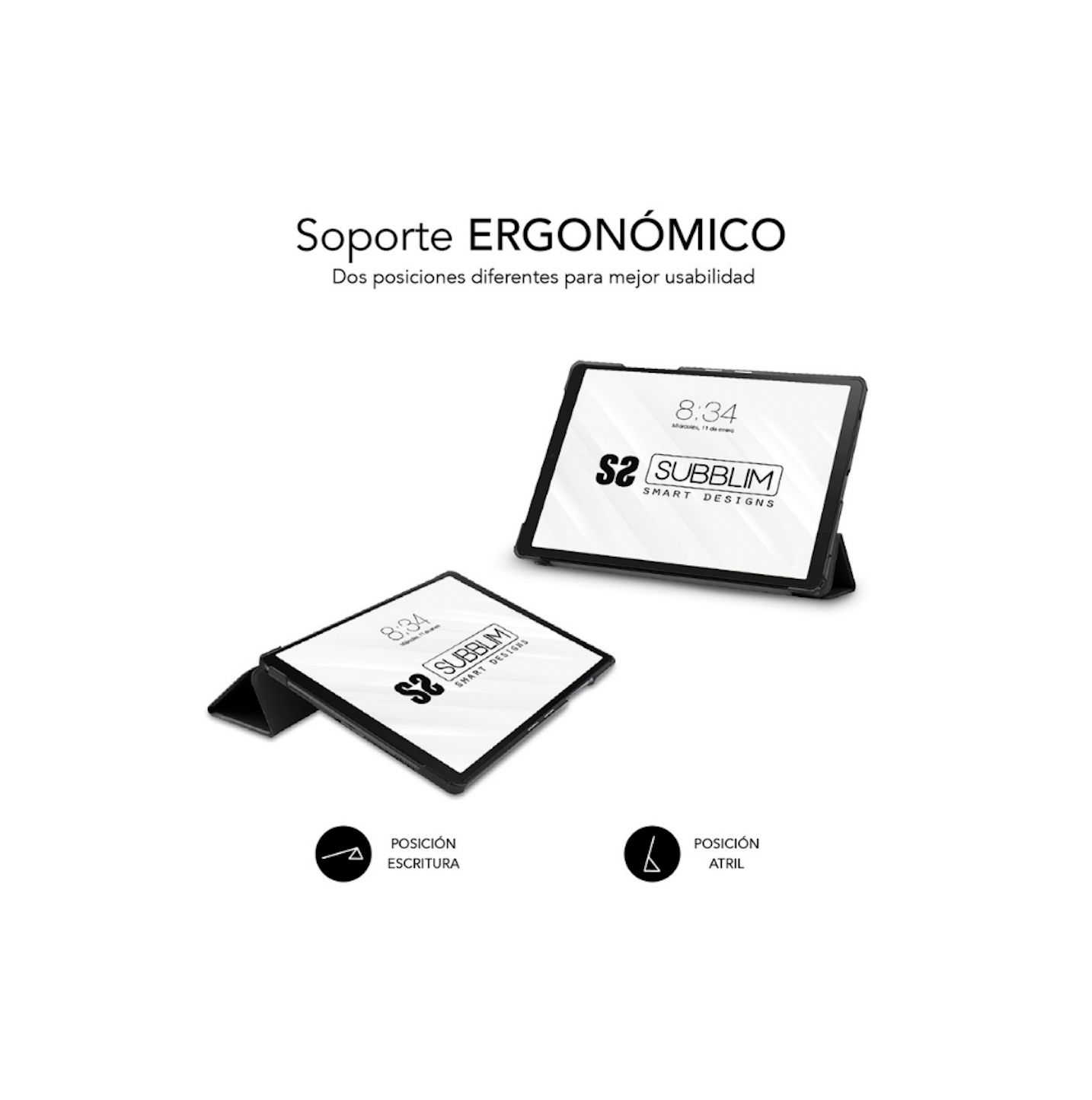 Dos tabletas en diferentes posiciones, con las palabras 'soporte ergonómico'.