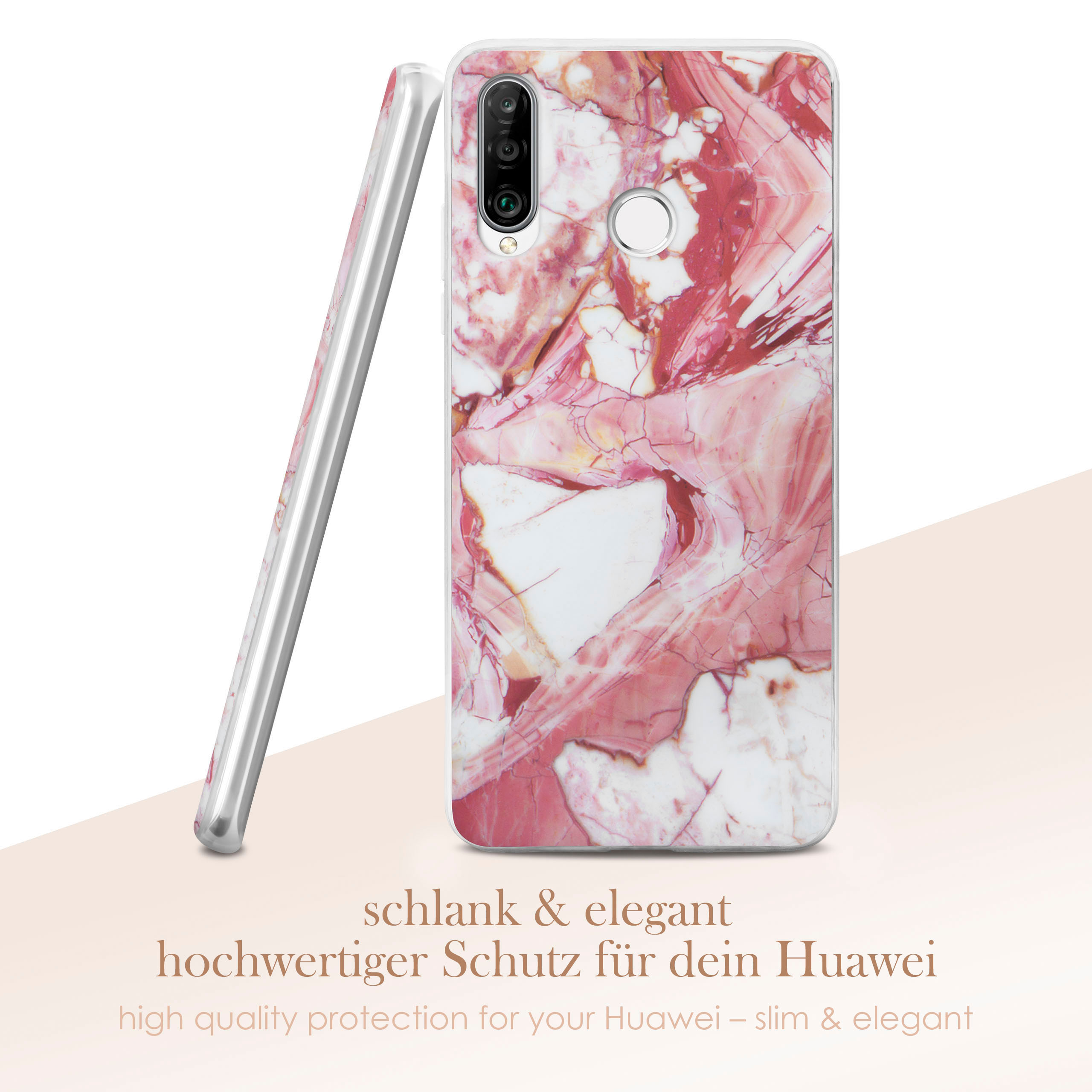 Rosa Marmor-Handyhülle, an einer anderen gelehnt. Text: Hochwertiger Schutz für Huawei.