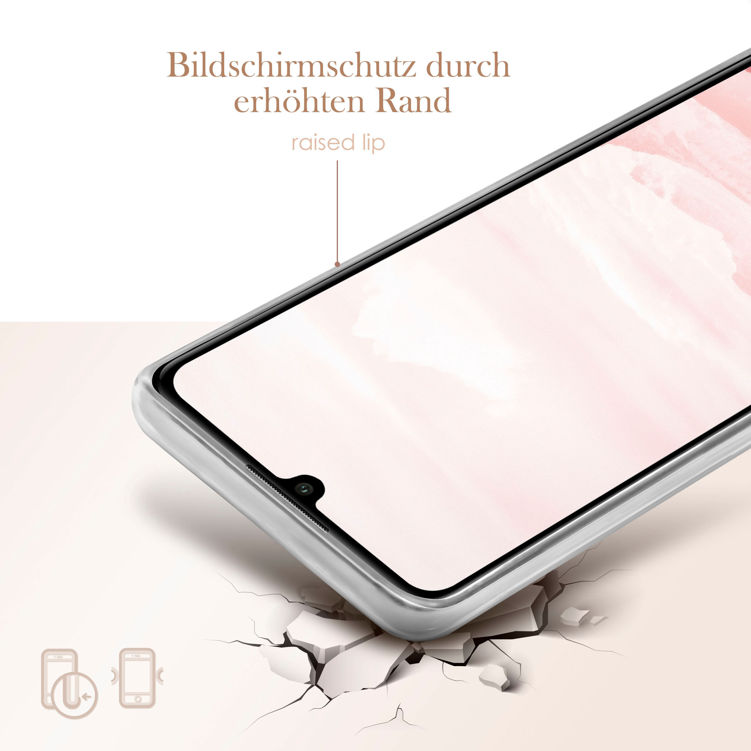 Handyhülle mit erhöhtem Rand. Weißer Hintergrund mit Text und rissiger Oberfläche.
