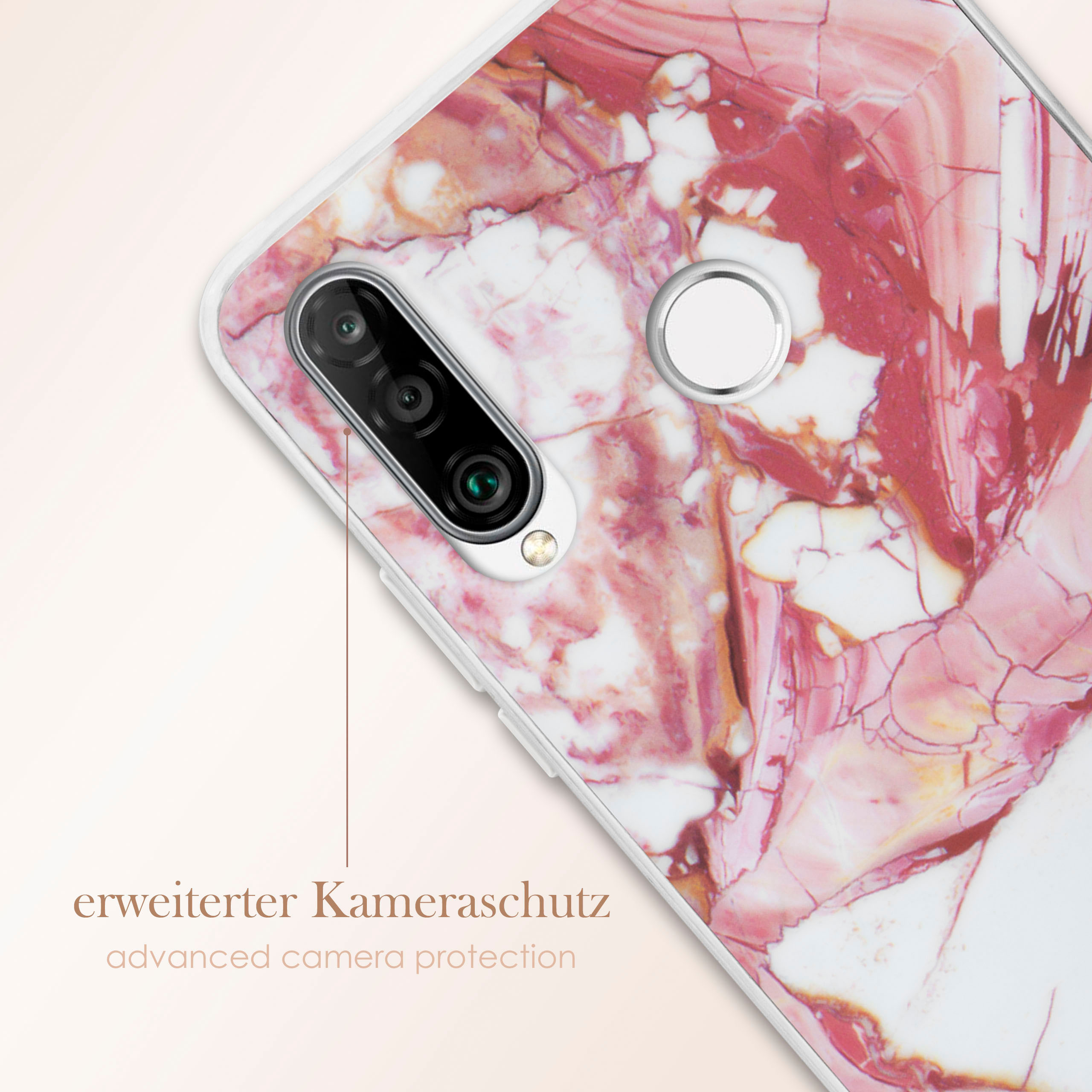 Smartphone-Hülle mit rosa Marmormuster. Kameraobjektiv und Blitz sind sichtbar.