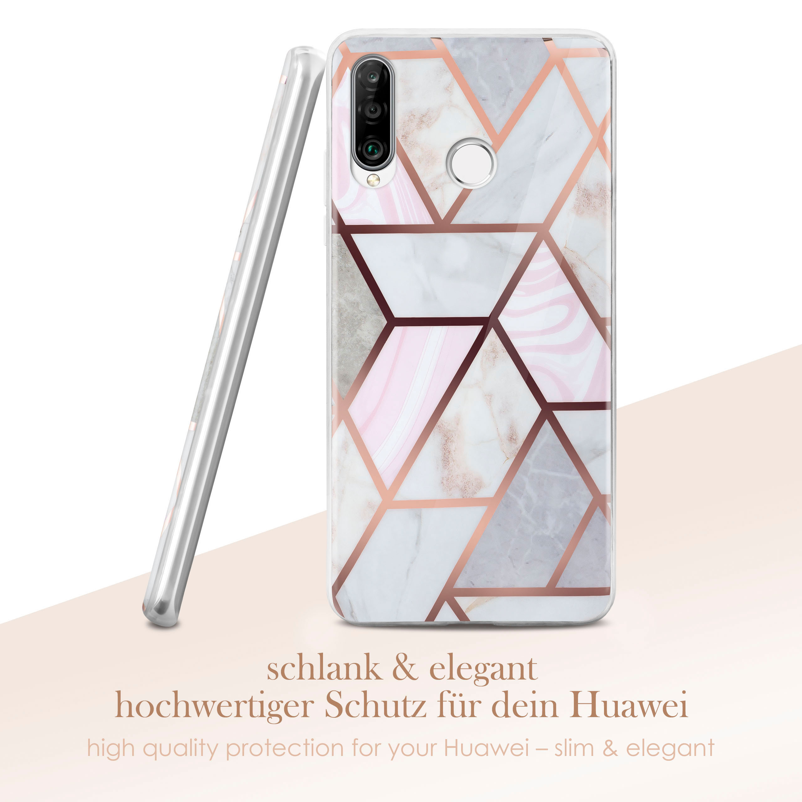 Eine Handyhülle auf weißem Untergrund. Das Case hat ein Marmor- und geometrisches Design.