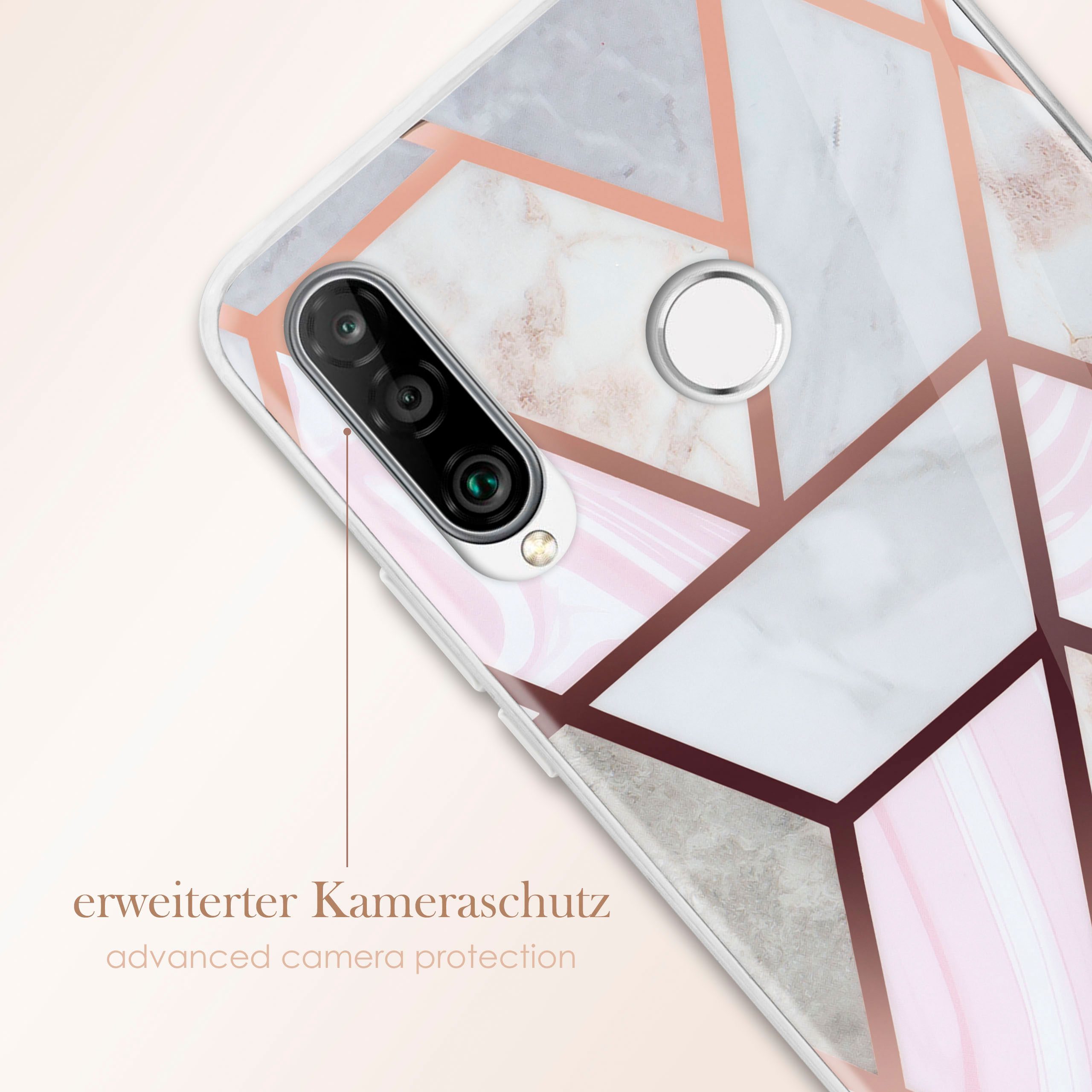 Nahaufnahme einer Handyhülle mit Marmordesign, Kupferakzenten. Die Kameralinse und Text sind klar.