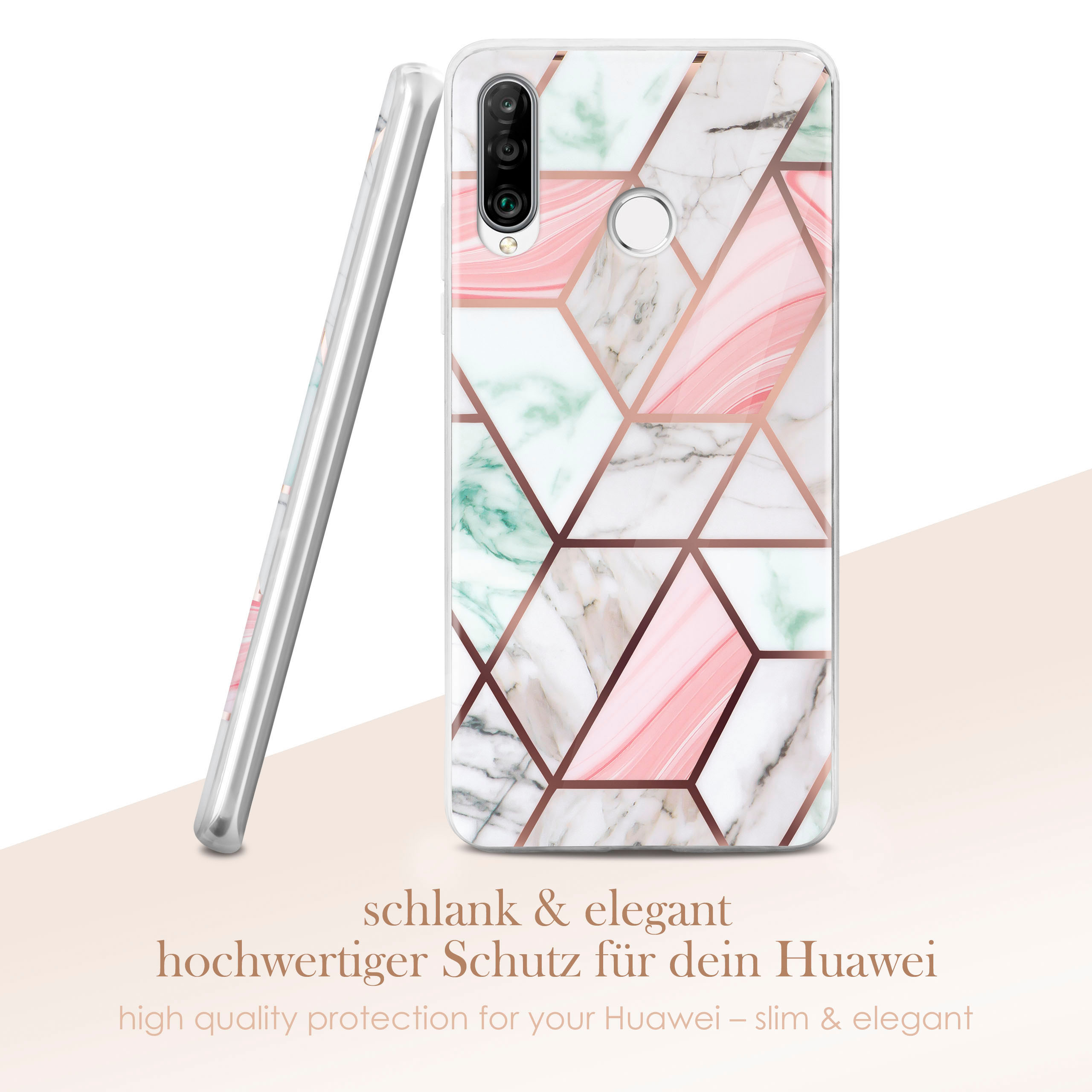 Handyhülle mit Marmormuster und roségoldfarbenen Akzenten, auf hellrosa Hintergrund.