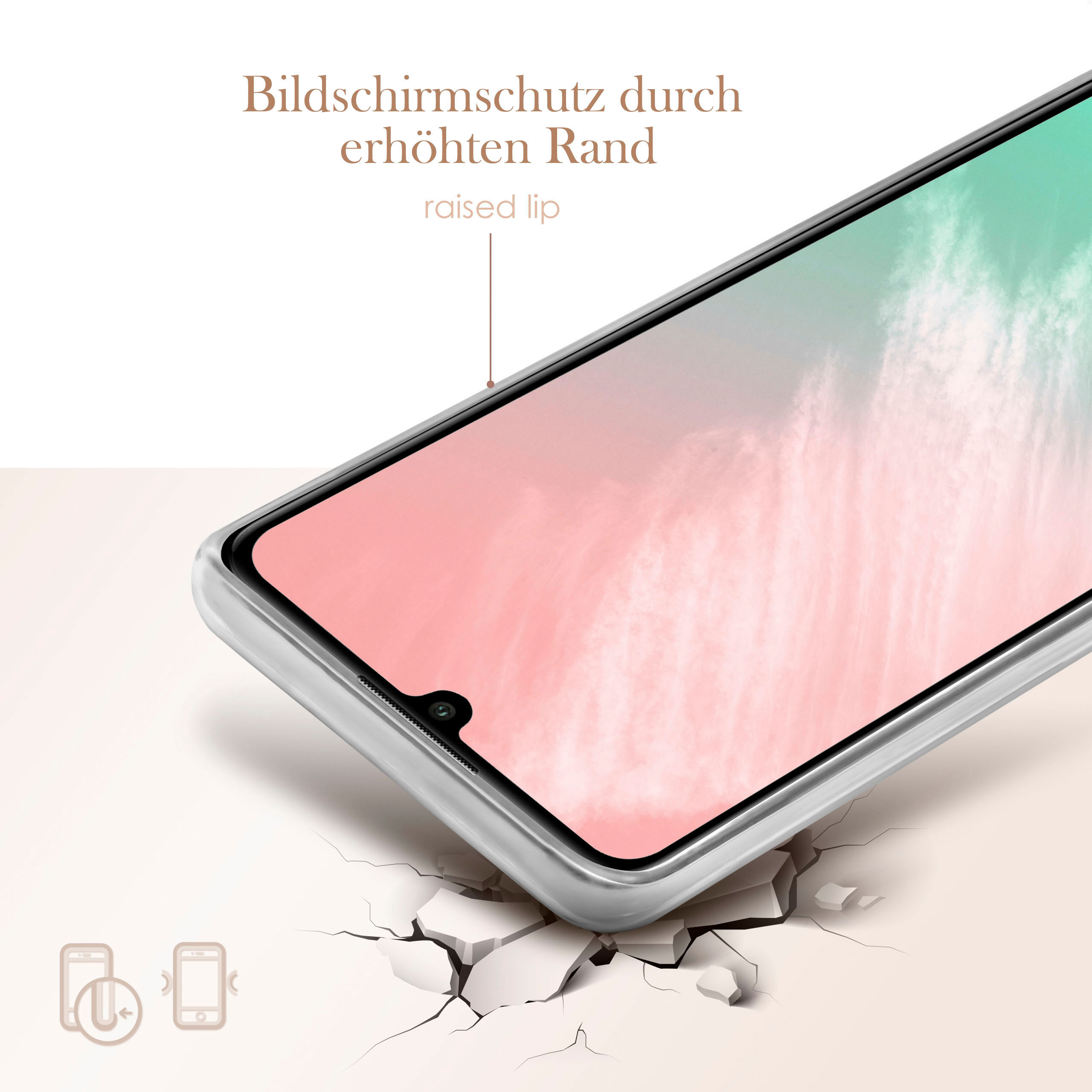 Telefonbildschirm mit Displayschutz. Weißer Hintergrund. Text: erhöhte Lippe, Bildschirmschutz.