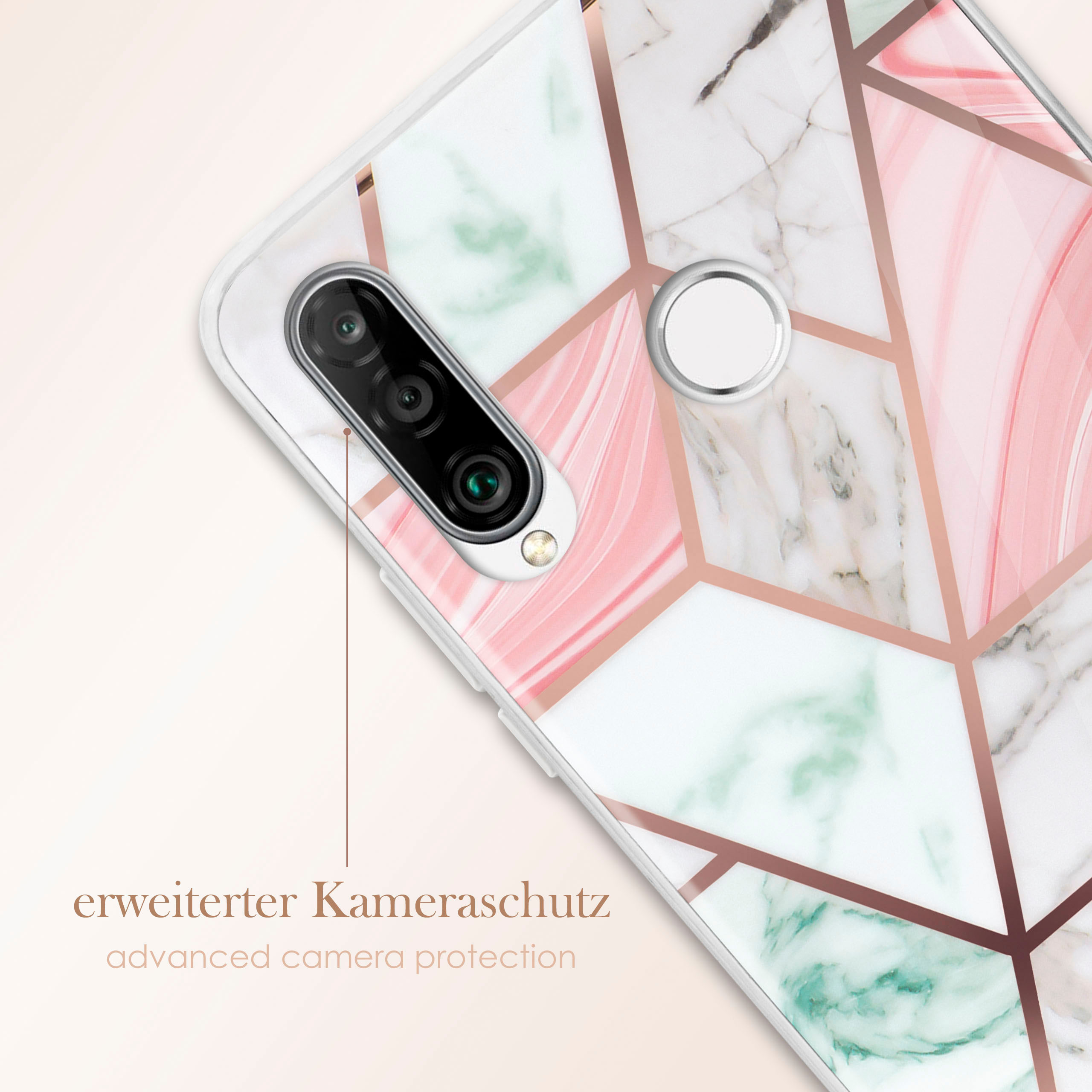 Nahaufnahme einer Handyhülle mit Marmordesign. Pinke, grüne und weiße geometrische Formen. Kameraschutz.