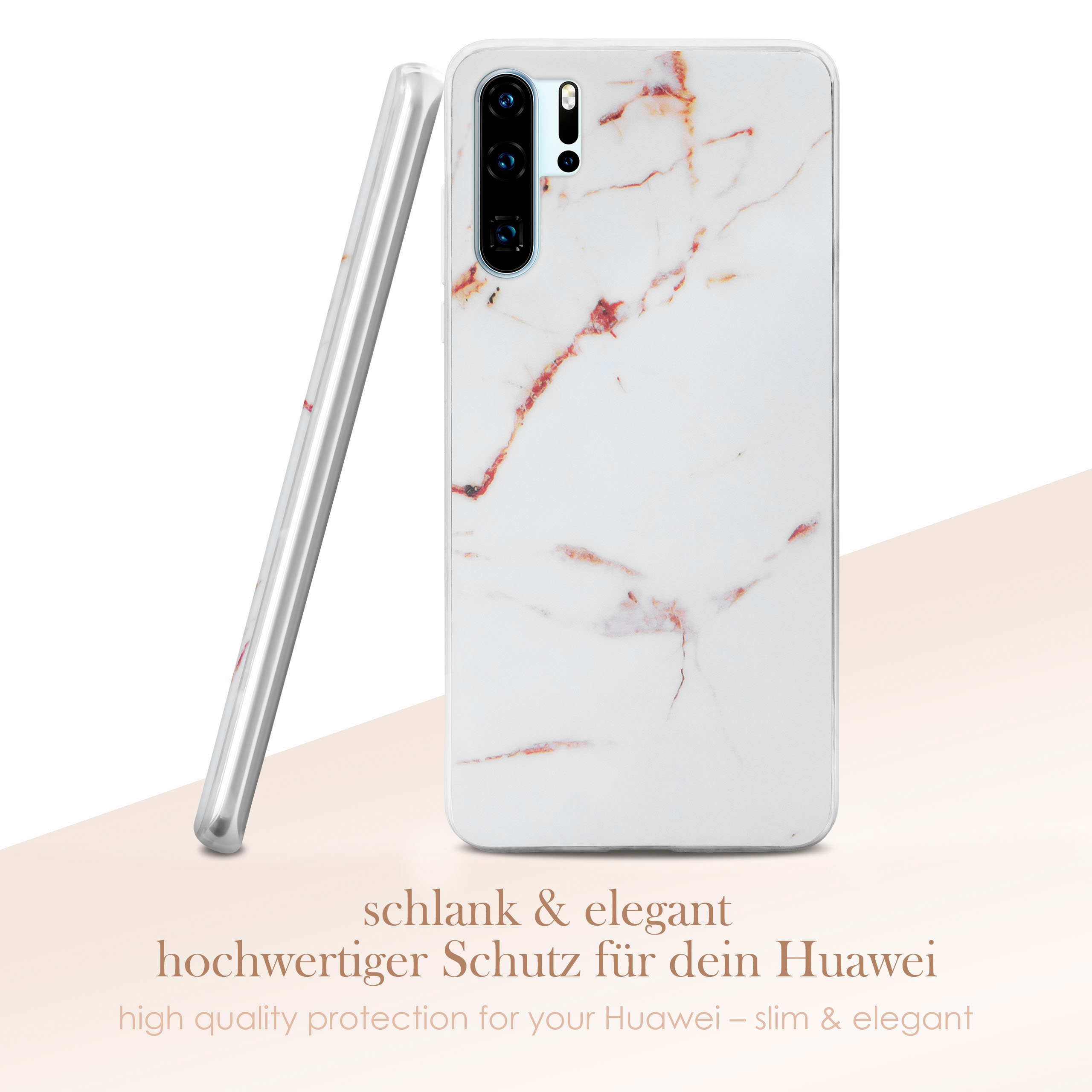 Weiße Marmor-Handyhülle mit einem Telefon, das sich an einer anderen Hülle anlehnt. Text: Schlank & elegant, hochwertiger Schutz.