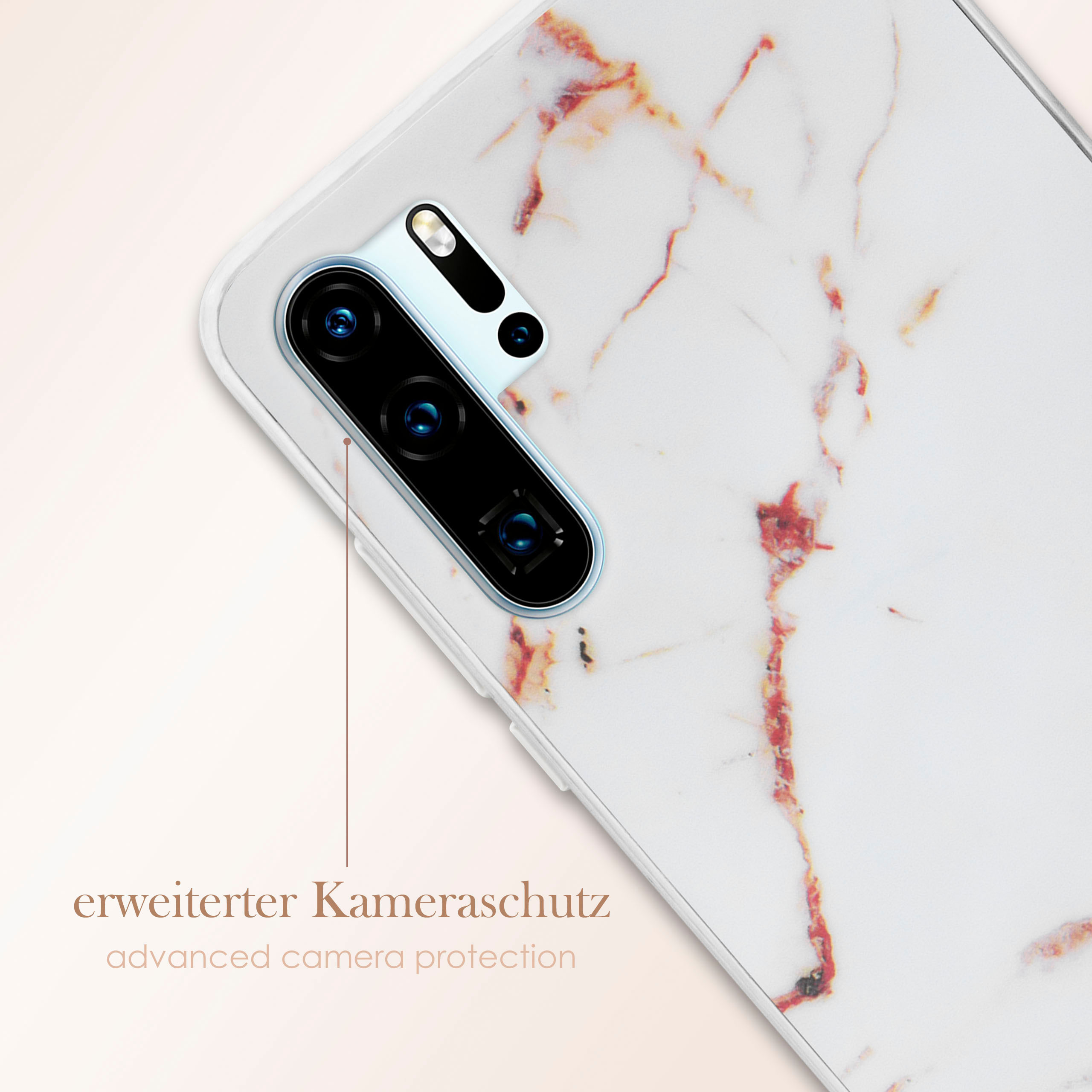 Nahaufnahme einer weißen Marmor-Handyhülle mit Kamera. Rote und braune Adern sichtbar.