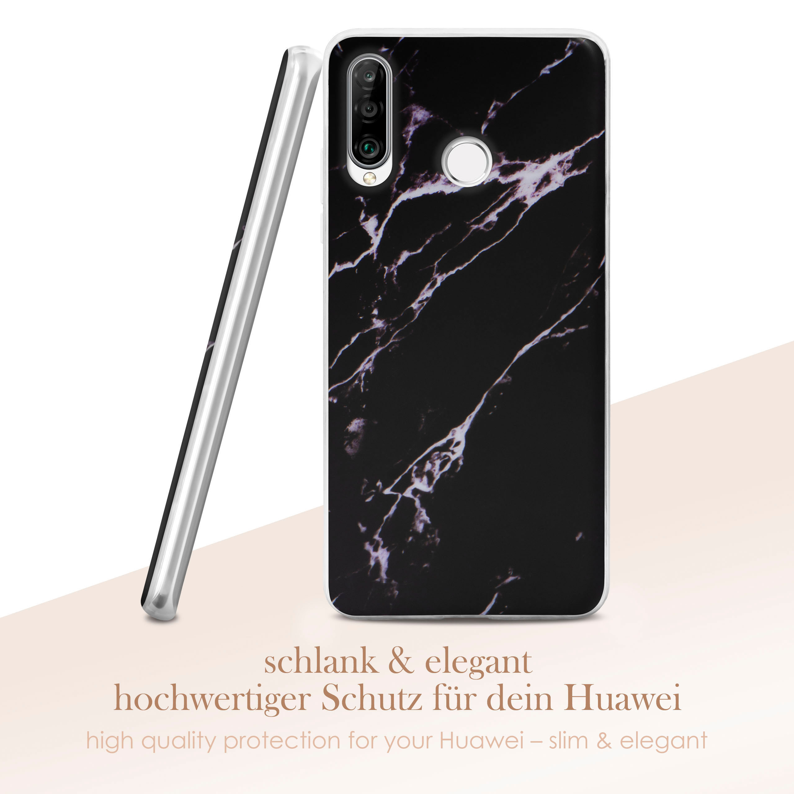 Schwarze Marmor-Handyhülle, Text: schlank & elegant, hochwertiger Schutz.