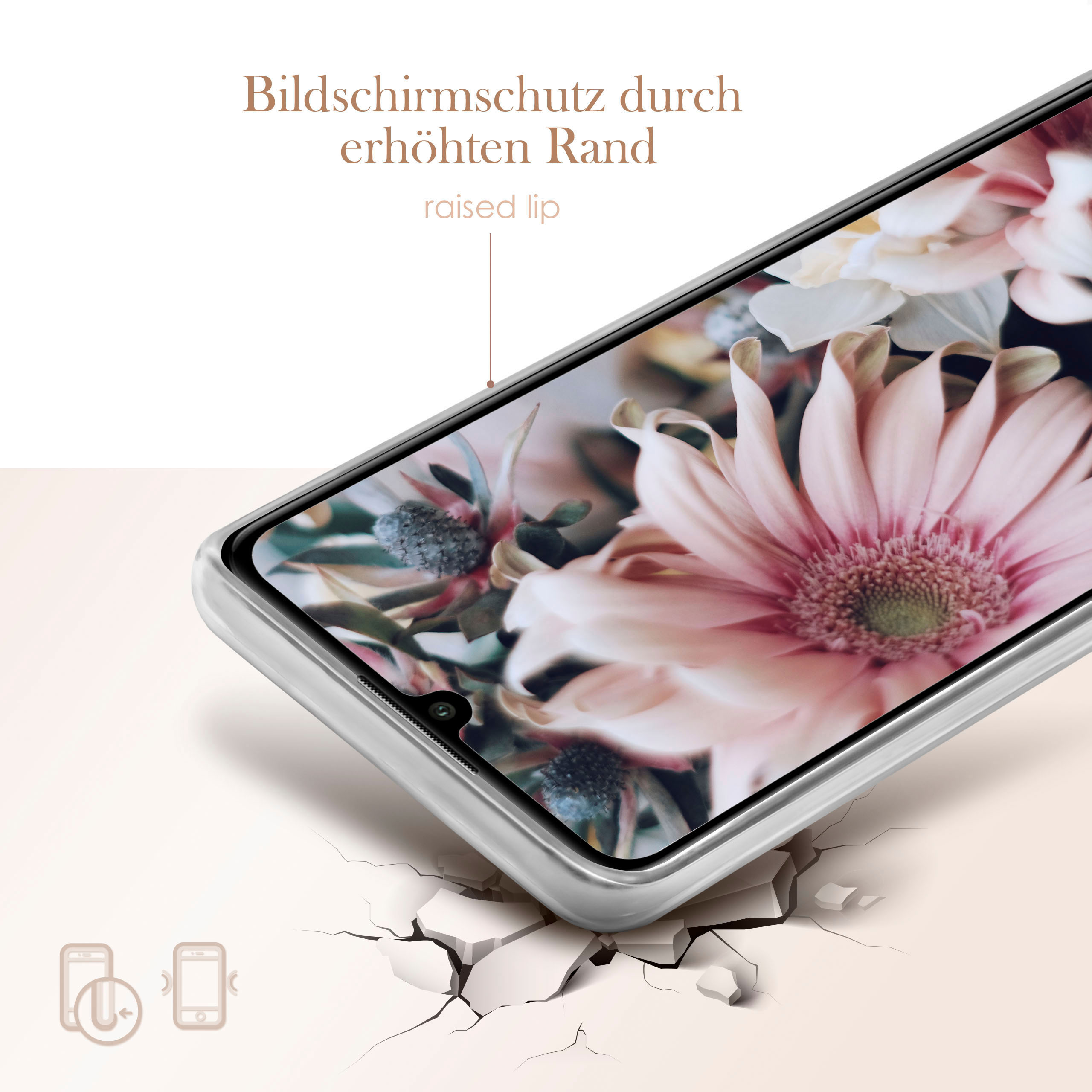 Telefonbildschirm mit erhöhtem Rand, mit floralem Hintergrund.