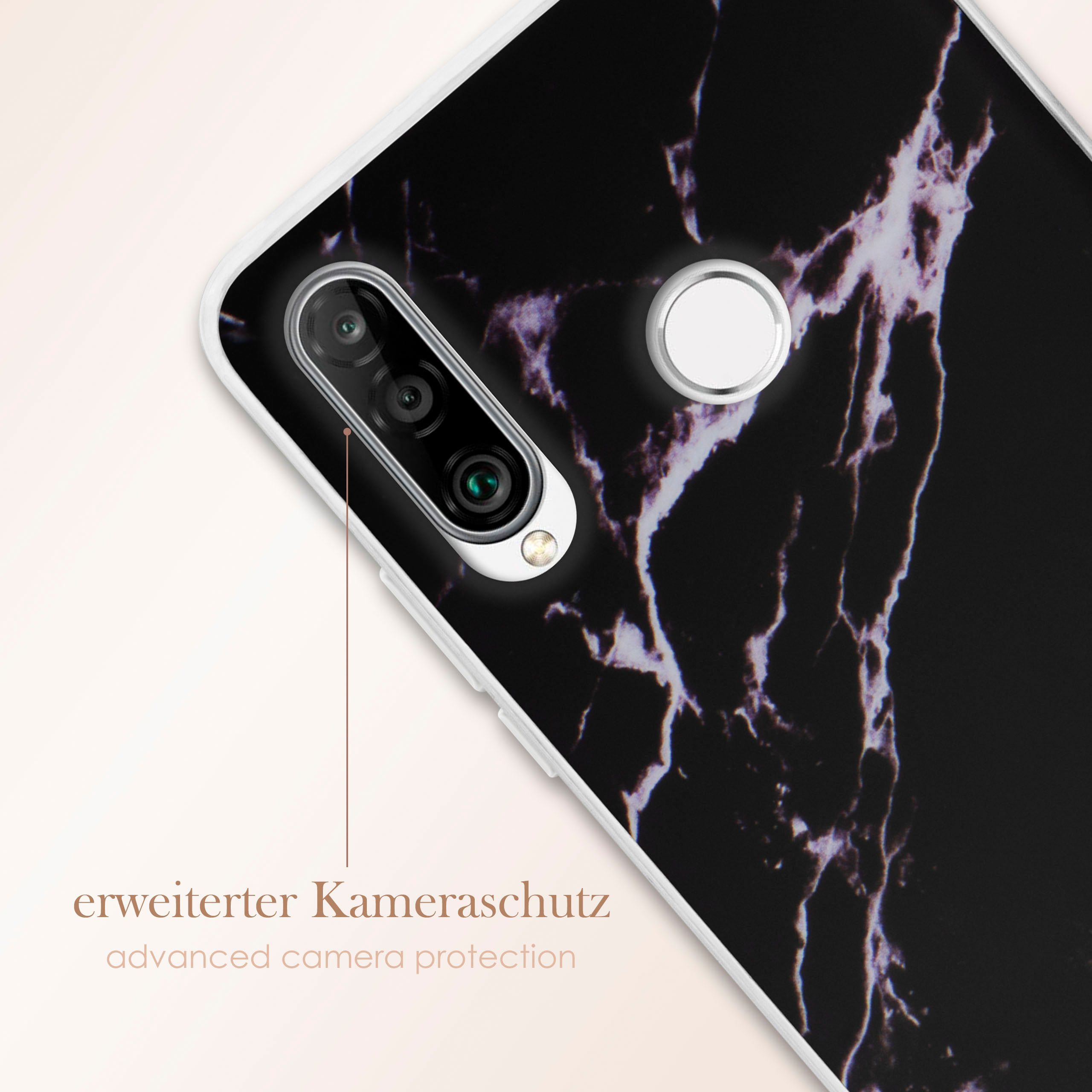 Smartphone-Hülle mit schwarzem Marmormuster. Kameraobjektiv und Blitz sind sichtbar.